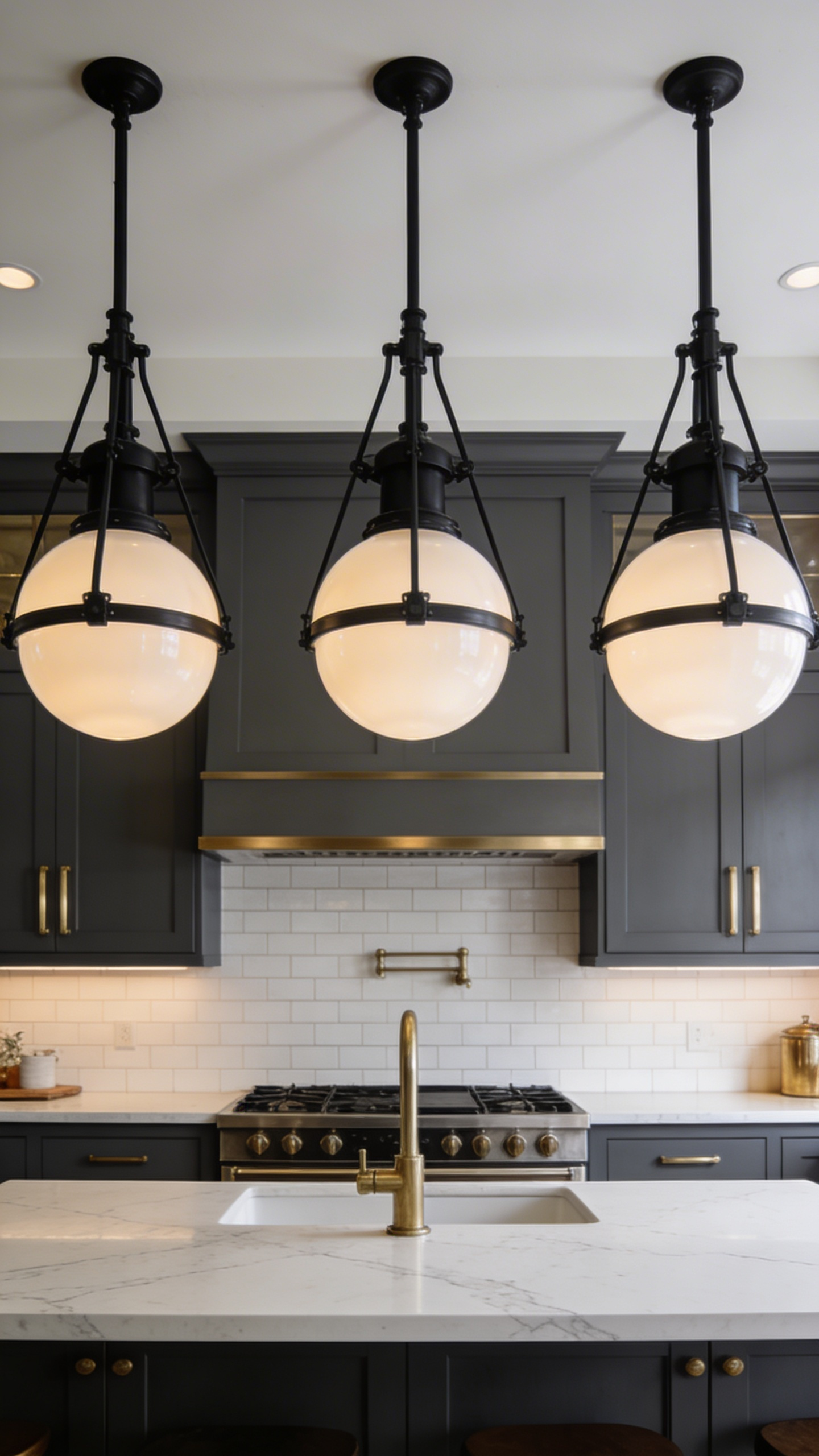 Three milk glass globe pendant lights with industrial black hardware hanging over a marble island in a contemporary kitchen.