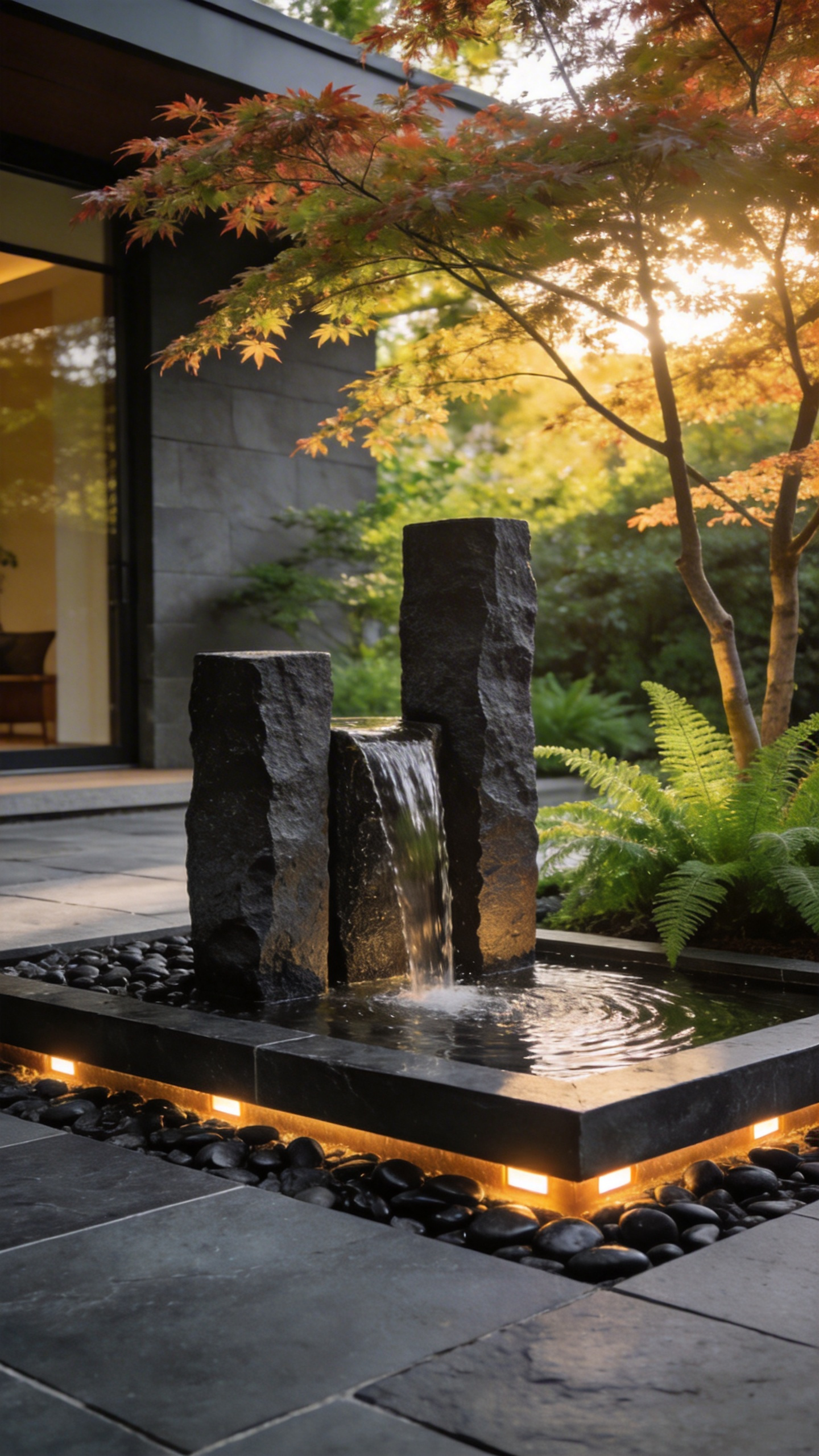 A modern urban patio featuring minimalist basalt column fountains and lush greenery designed for acoustic noise masking.