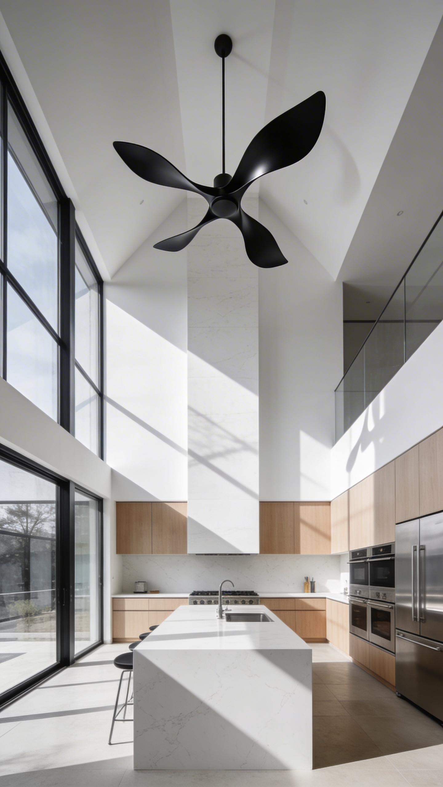 High-ceilinged modern kitchen featuring a large black sculptural ceiling fan with asymmetrical blades above a quartz island.