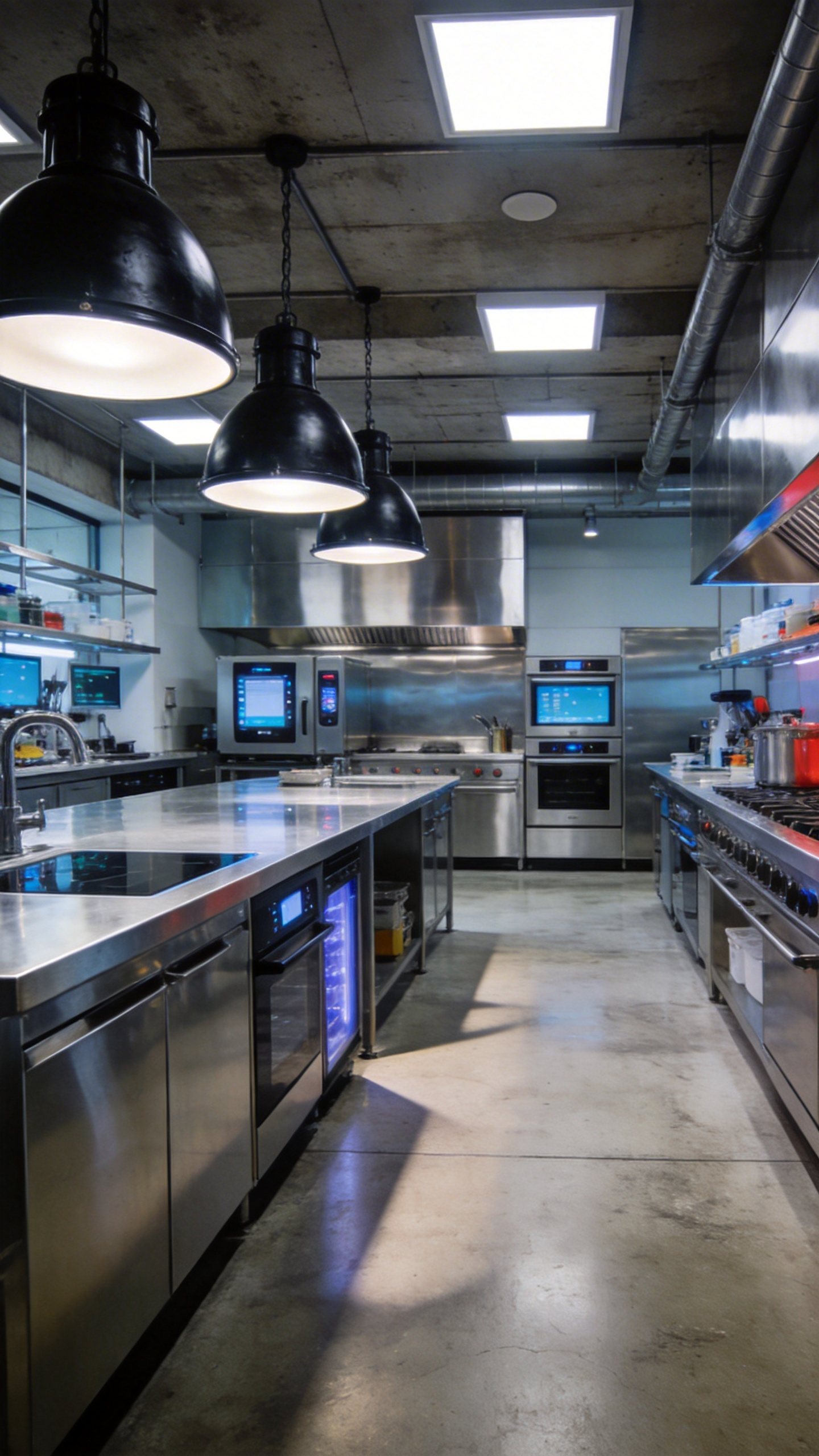 High-precision modern industrial kitchen lighting over stainless steel countertops in a digital workshop setting.