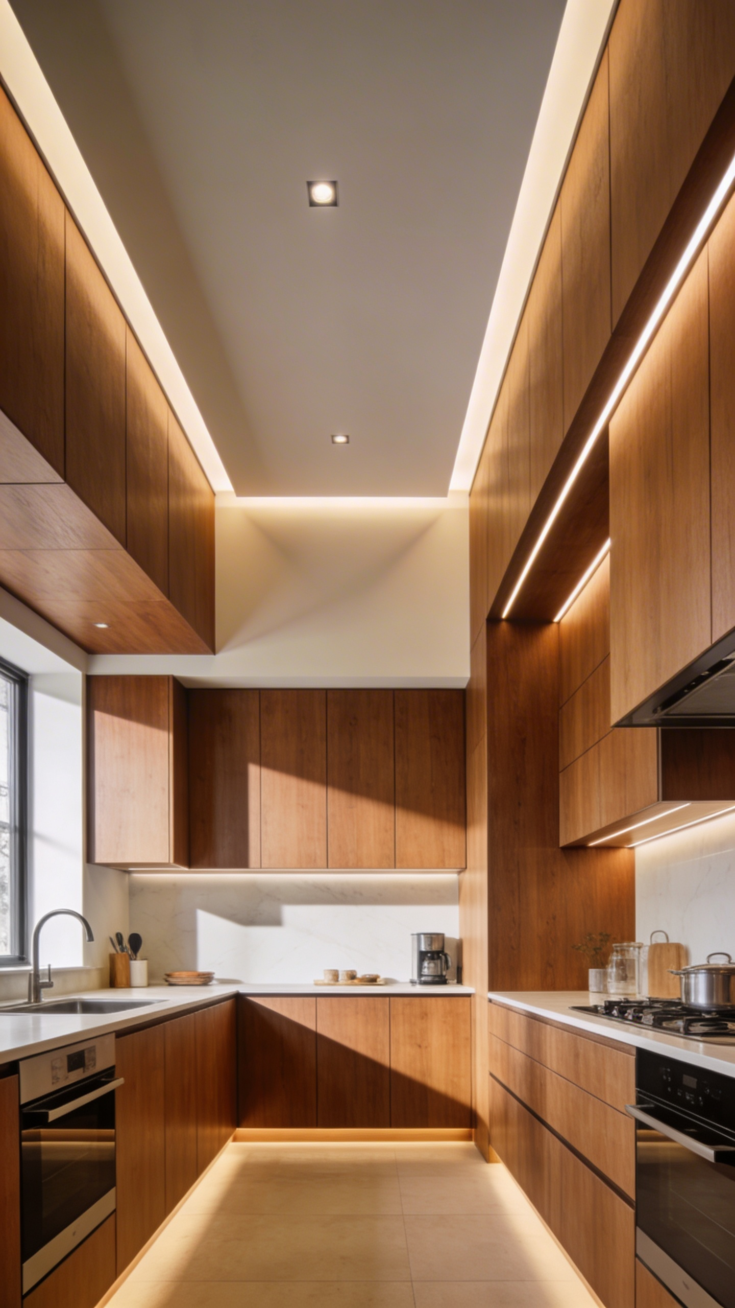 A modern kitchen with concealed task lighting integrated into ceiling shadow gaps casting a soft glow over heavy oak cabinetry.