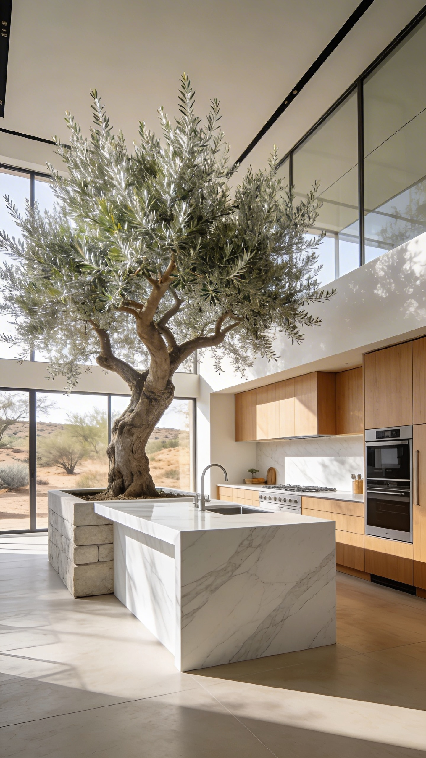 A bright modern kitchen with a large indoor olive tree acting as a sculptural decor element against minimalist cabinetry.