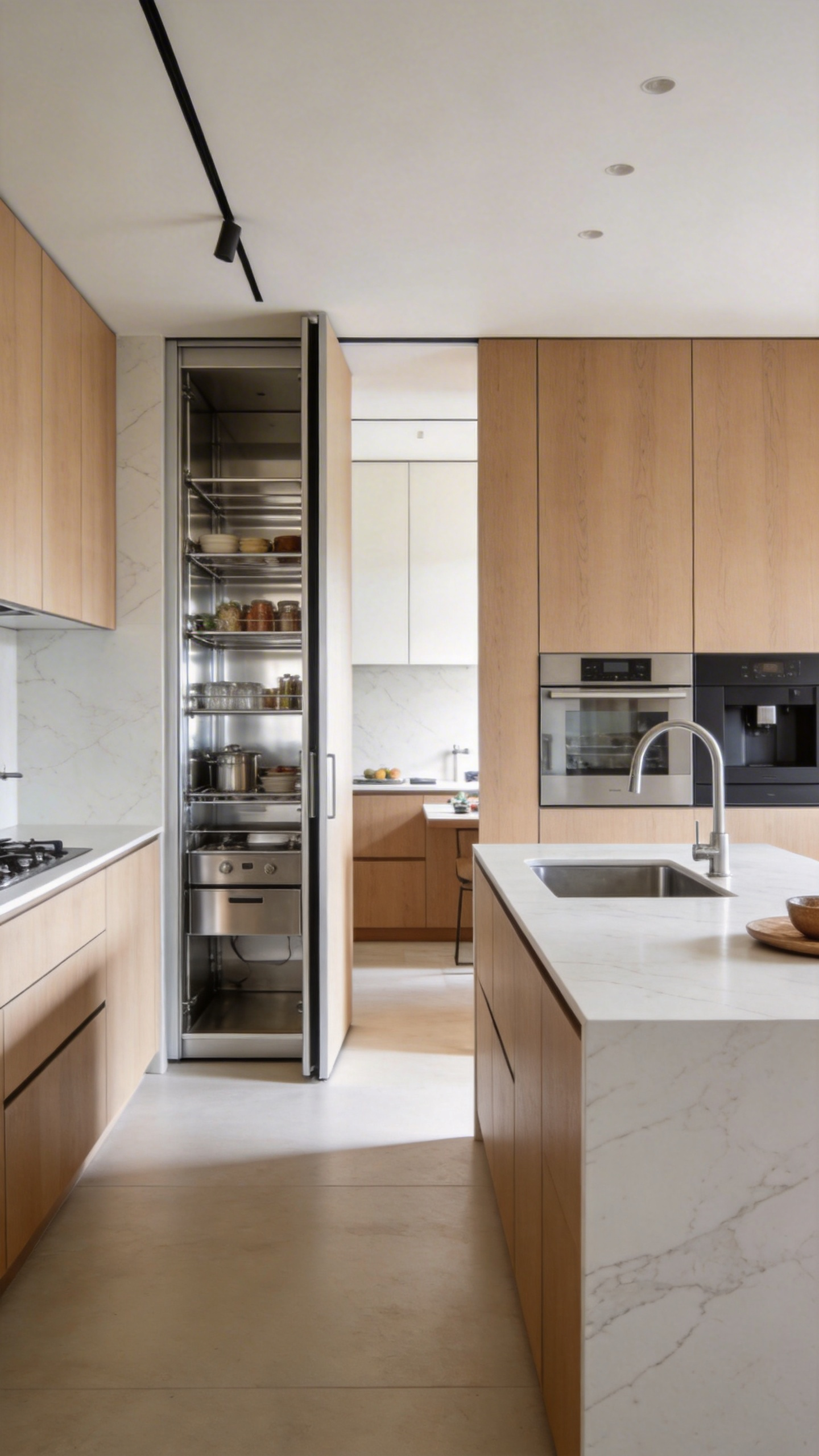 A modern kitchen decor showcasing a minimalist main kitchen with a doorway leading to a hidden secondary scullery prep area.