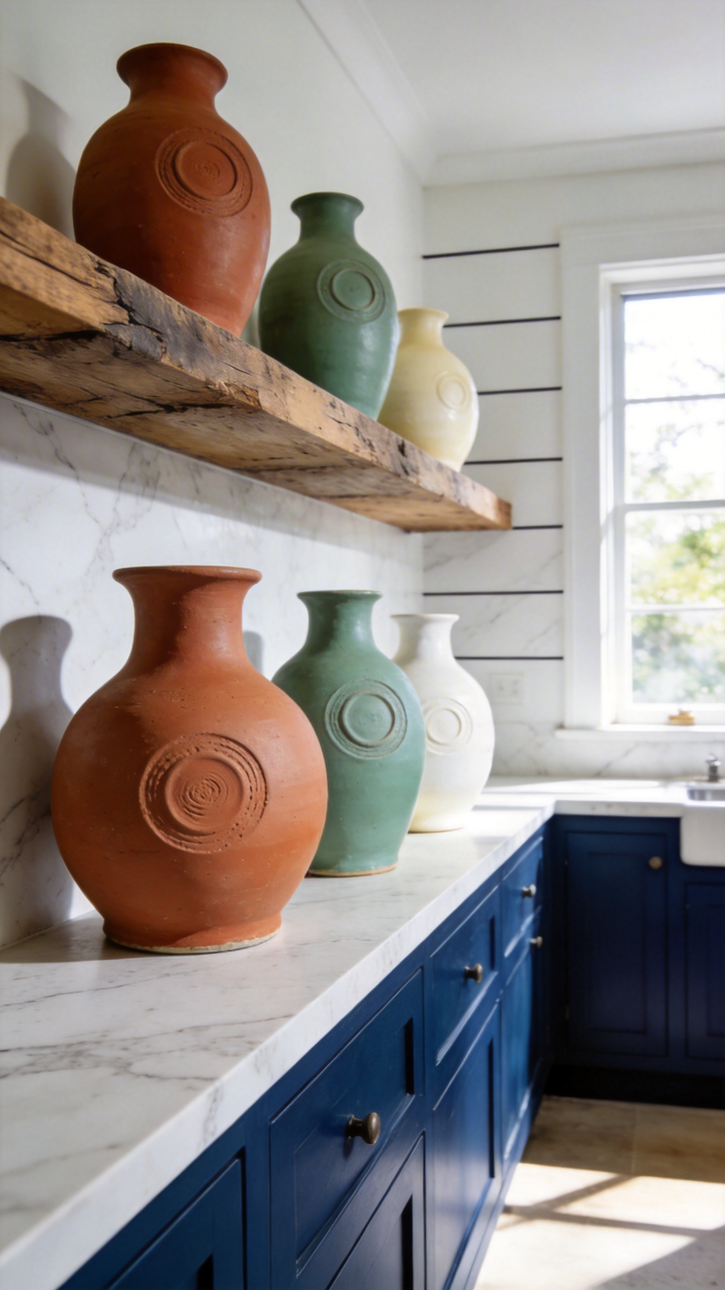 A vibrant modern kitchen scene featuring a collection of colorful hand-thrown ceramic vessels on a wooden shelf.