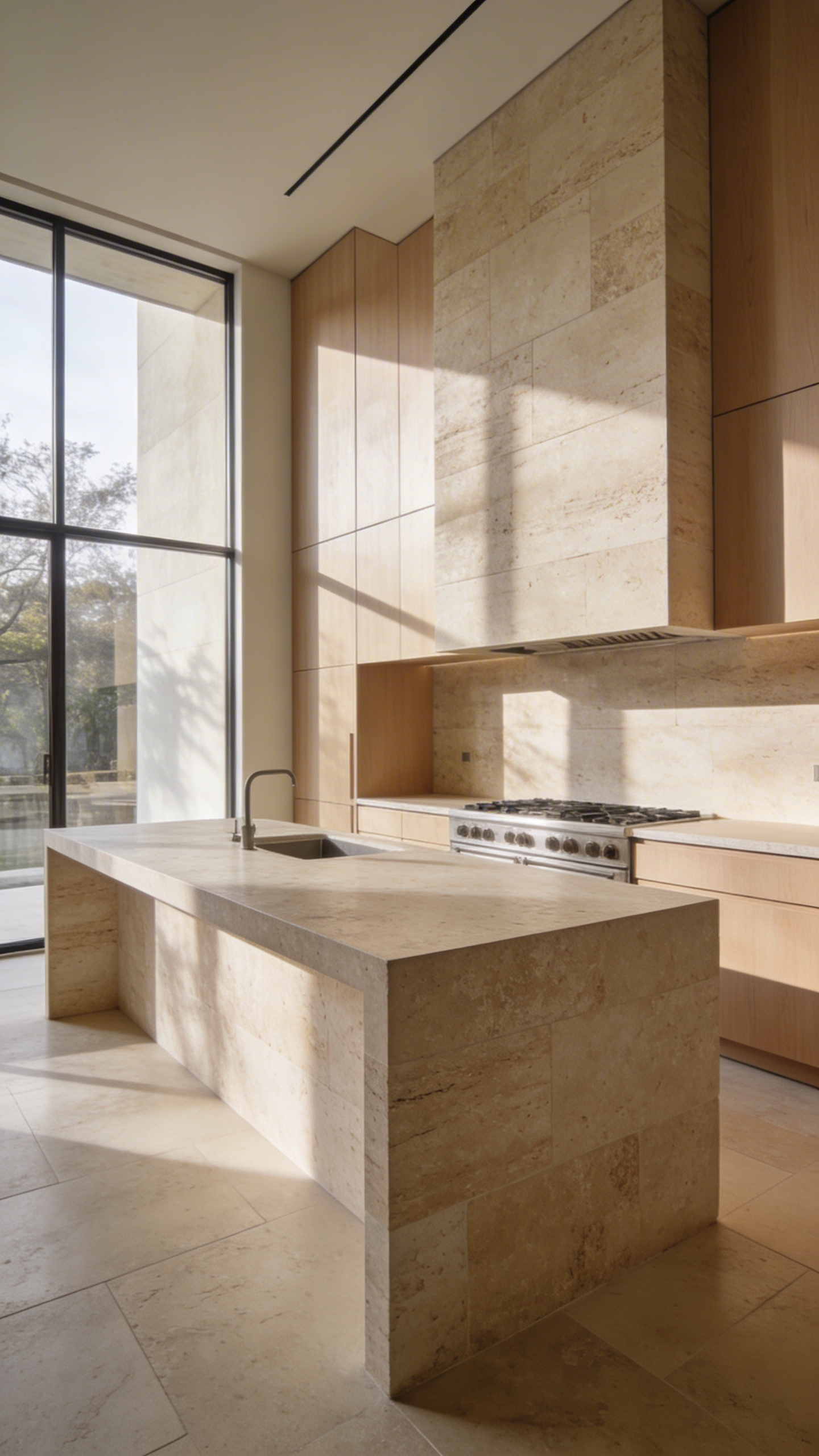 A modern kitchen interior featuring a large honed travertine island and matte natural stone surfaces in an organic modern style.