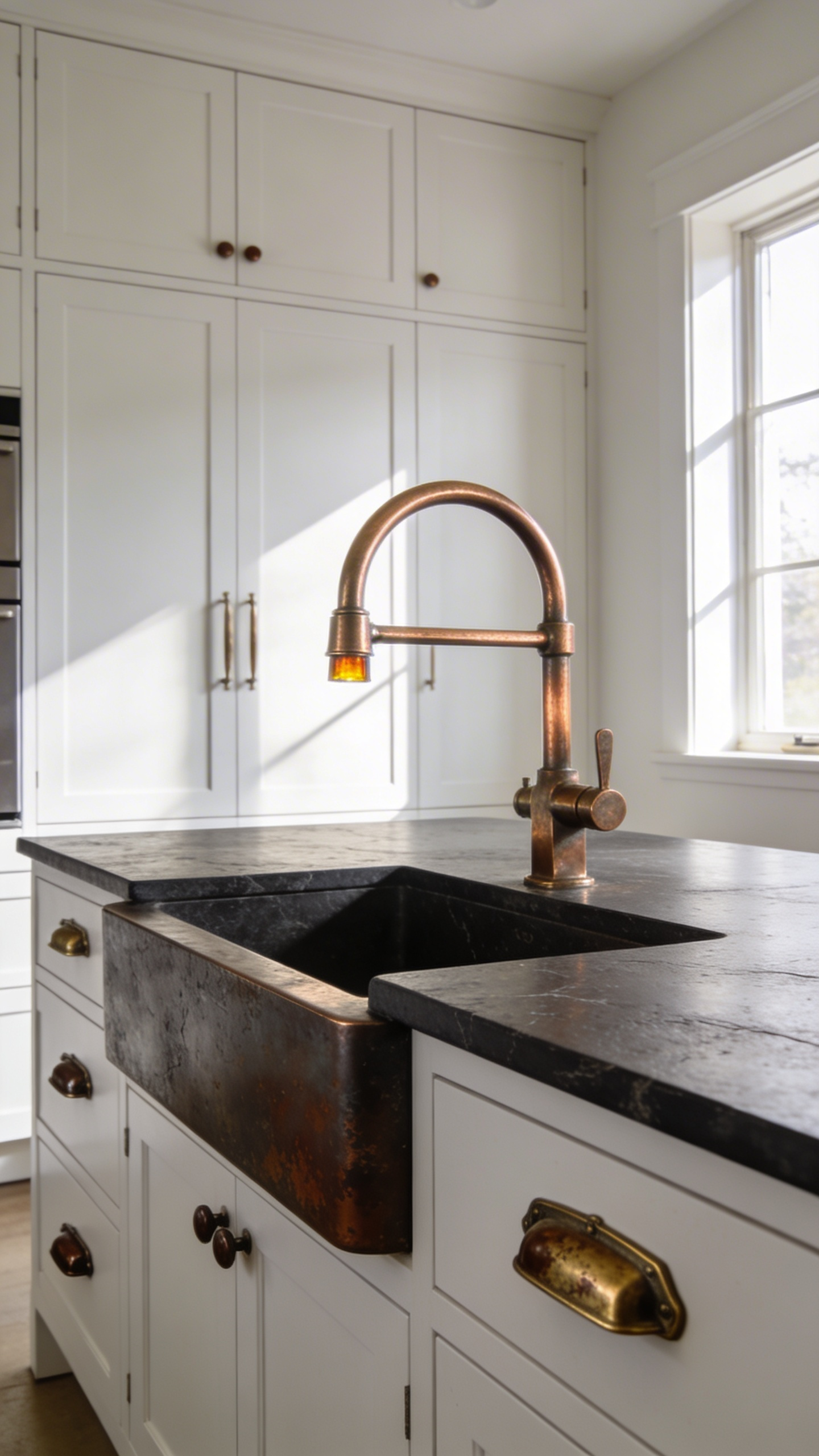 A bright modern kitchen featuring unlacquered brass hardware and a copper faucet with a natural aged patina on white cabinetry.