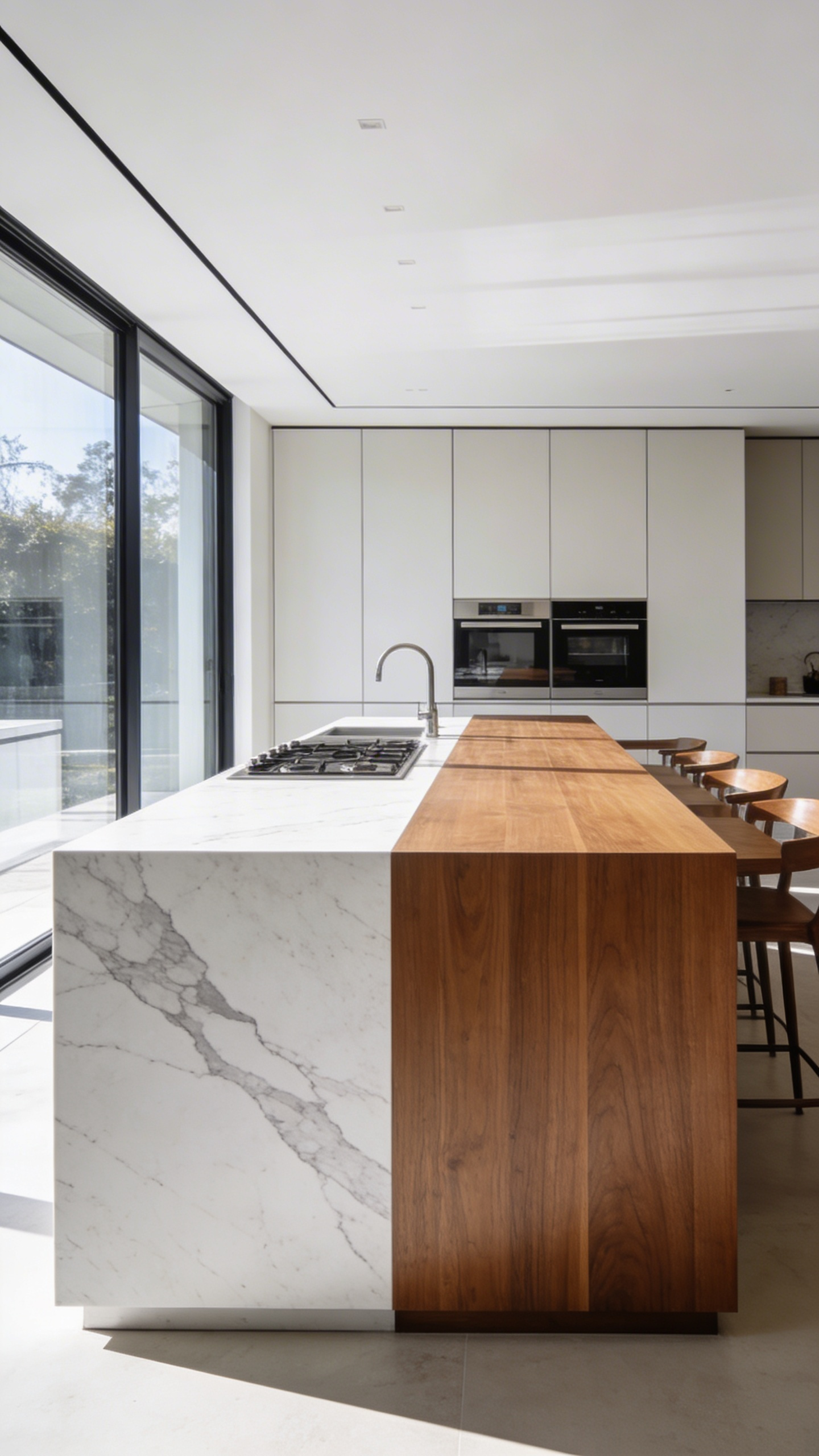 A modern kitchen island designed with climate-responsive material zoning featuring a white marble prep area and a warm wood dining section.