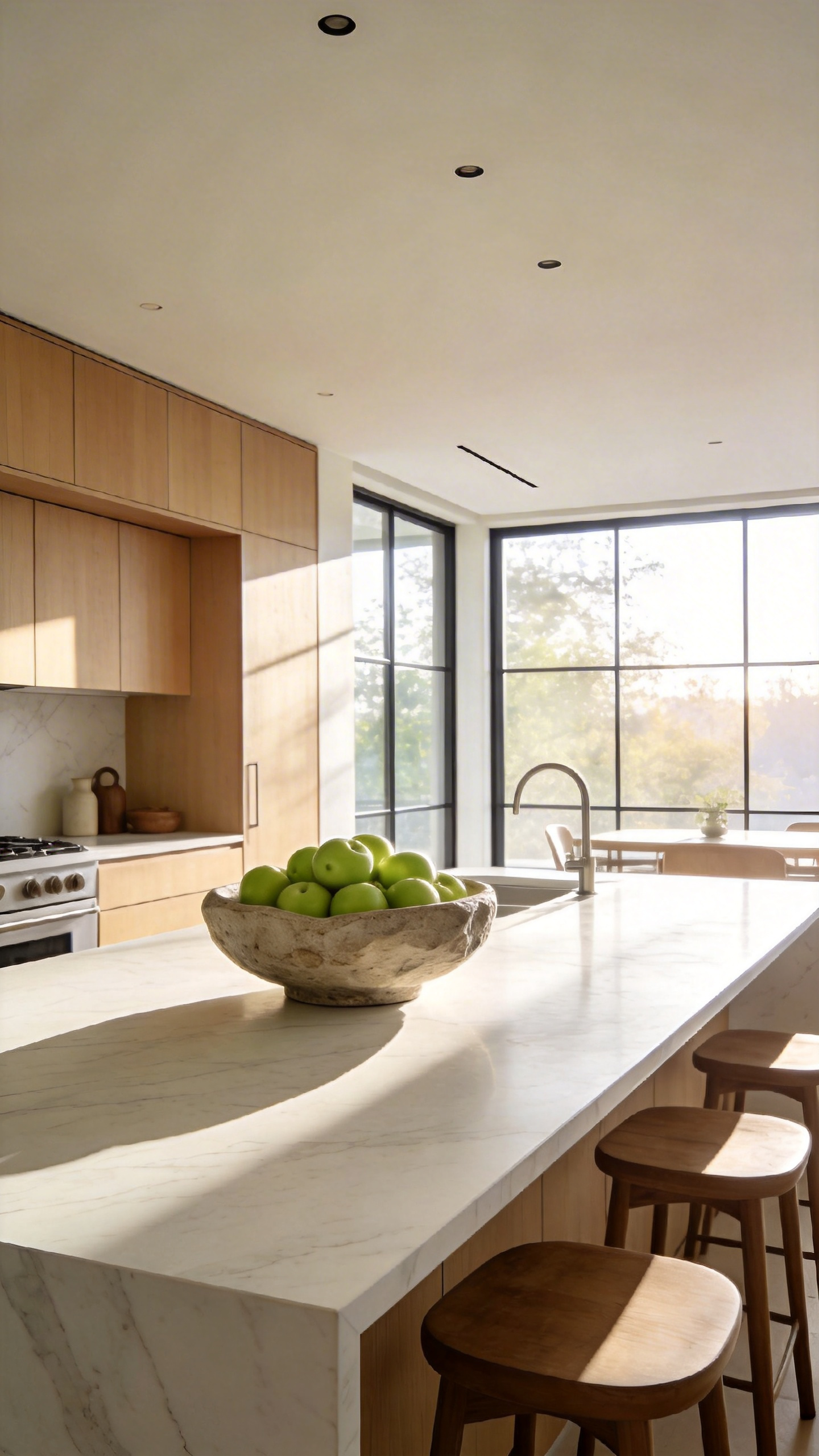 A bright minimalist modern kitchen with a large white marble island featuring a single stone fruit bowl as a centerpiece under natural light.