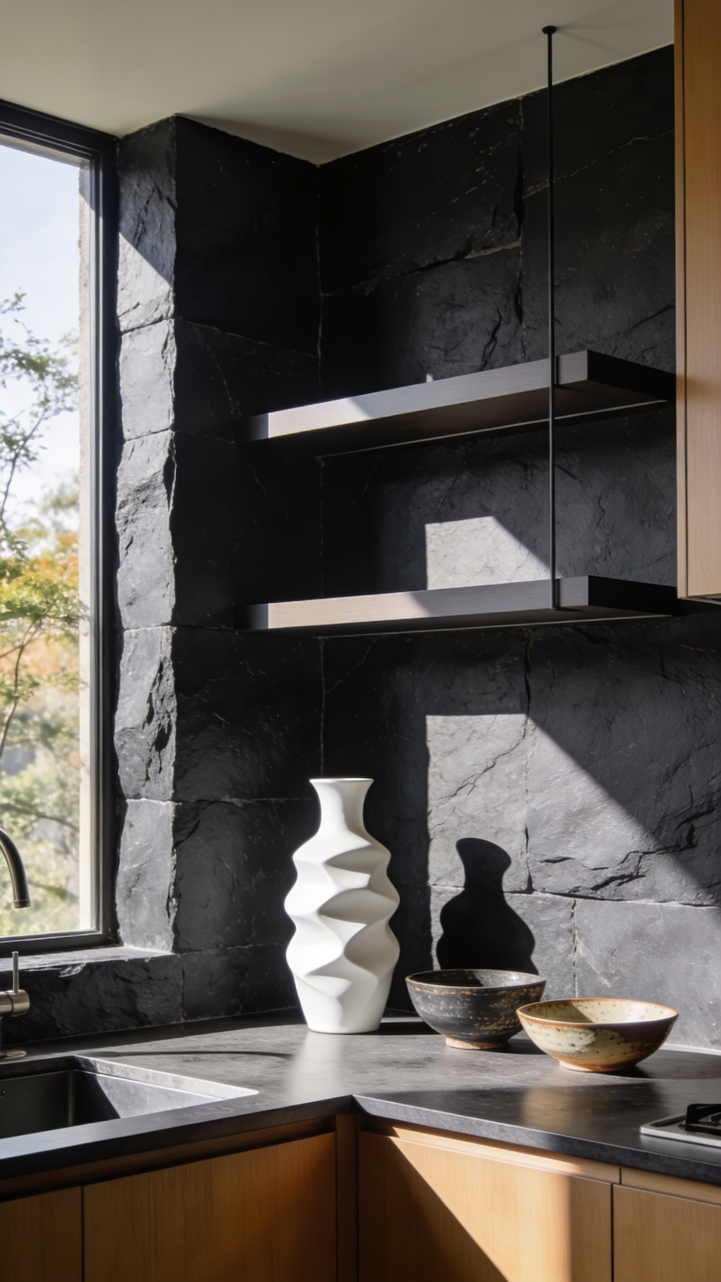 Modern kitchen decor showcasing minimalist open shelving with seventy percent negative space and select ceramic pieces against a dark matte stone backsplash.