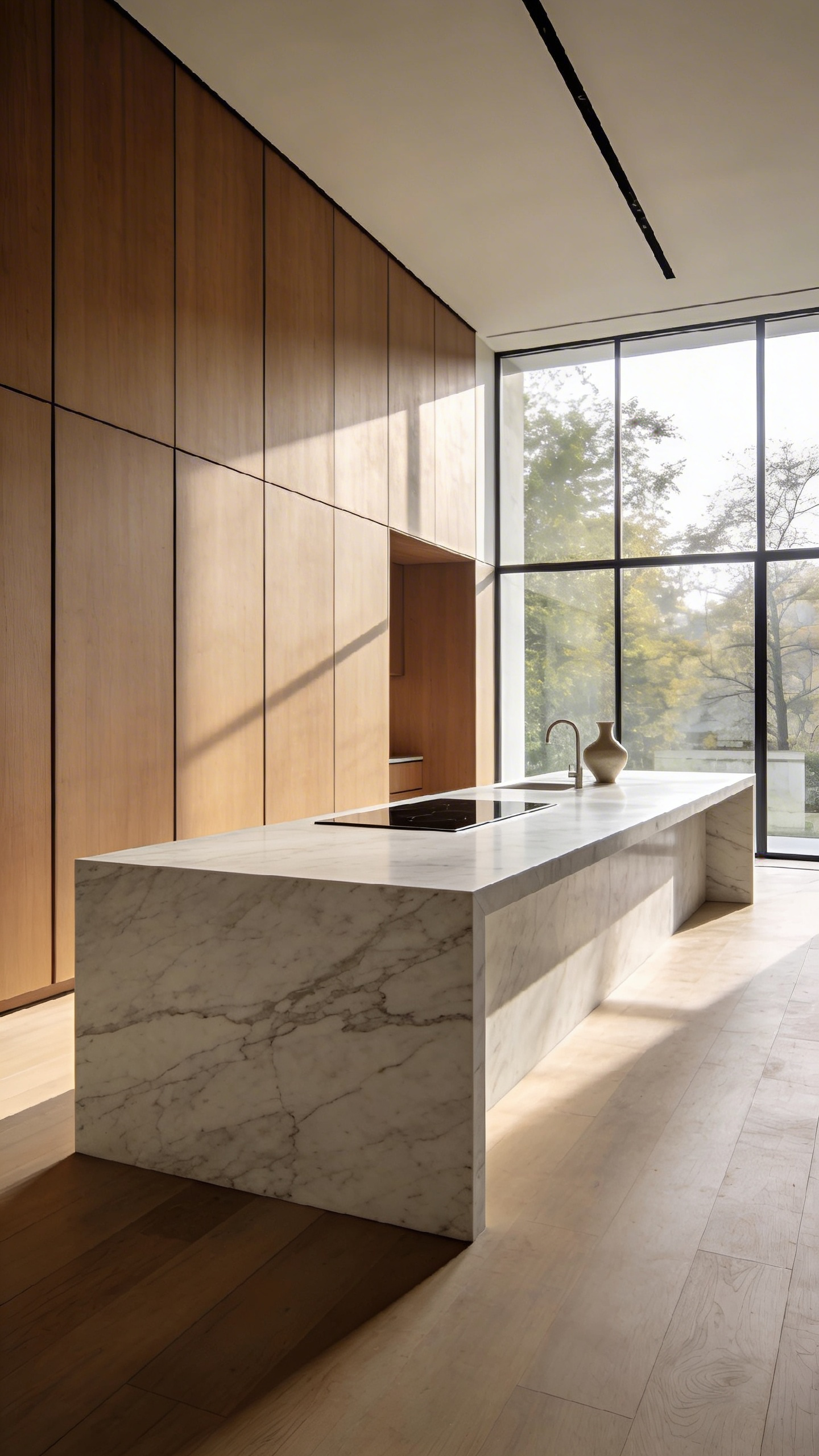A minimalist modern kitchen featuring a monolithic marble island with invisible induction technology and seamless wood cabinetry.