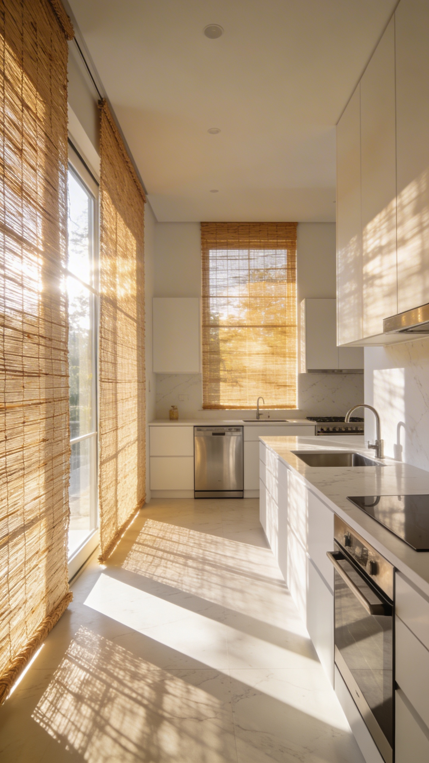 A modern kitchen with natural woven window shades filtering bright sunlight into a soft diffused glow across quartz surfaces.