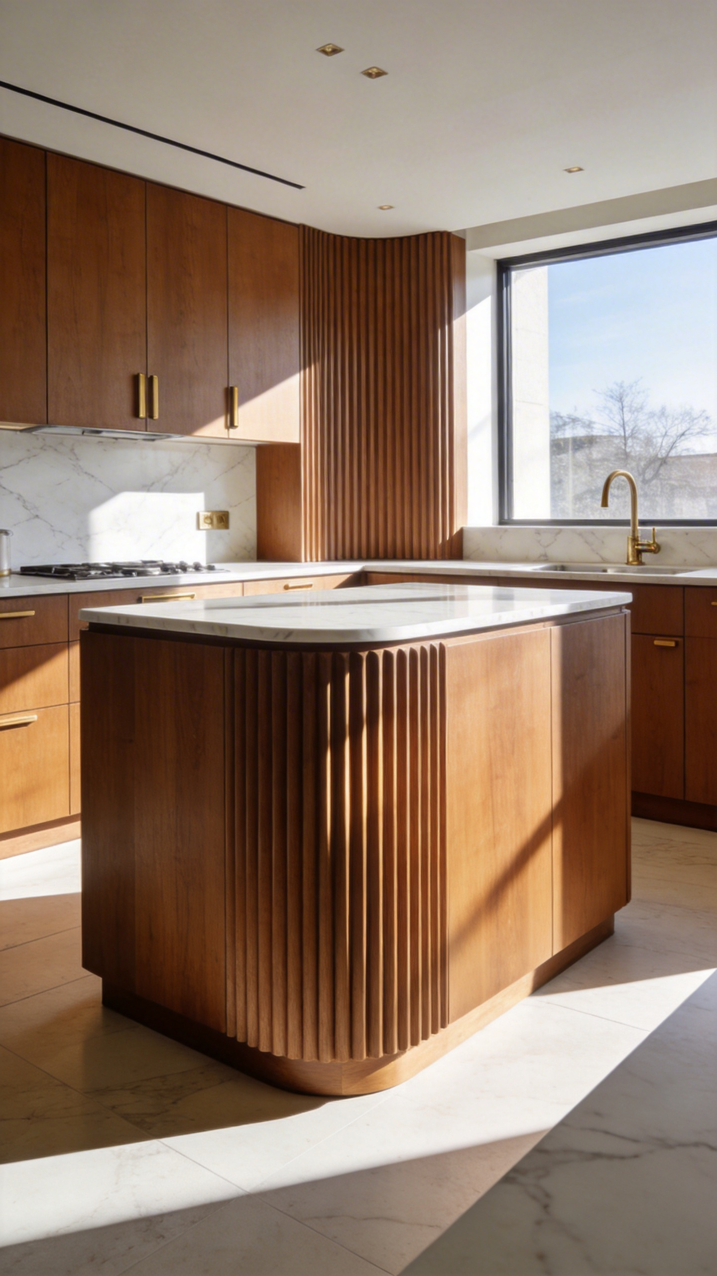 Modern kitchen featuring a ribbed oak wood island and fluted wood cabinetry under bright natural sunlight.