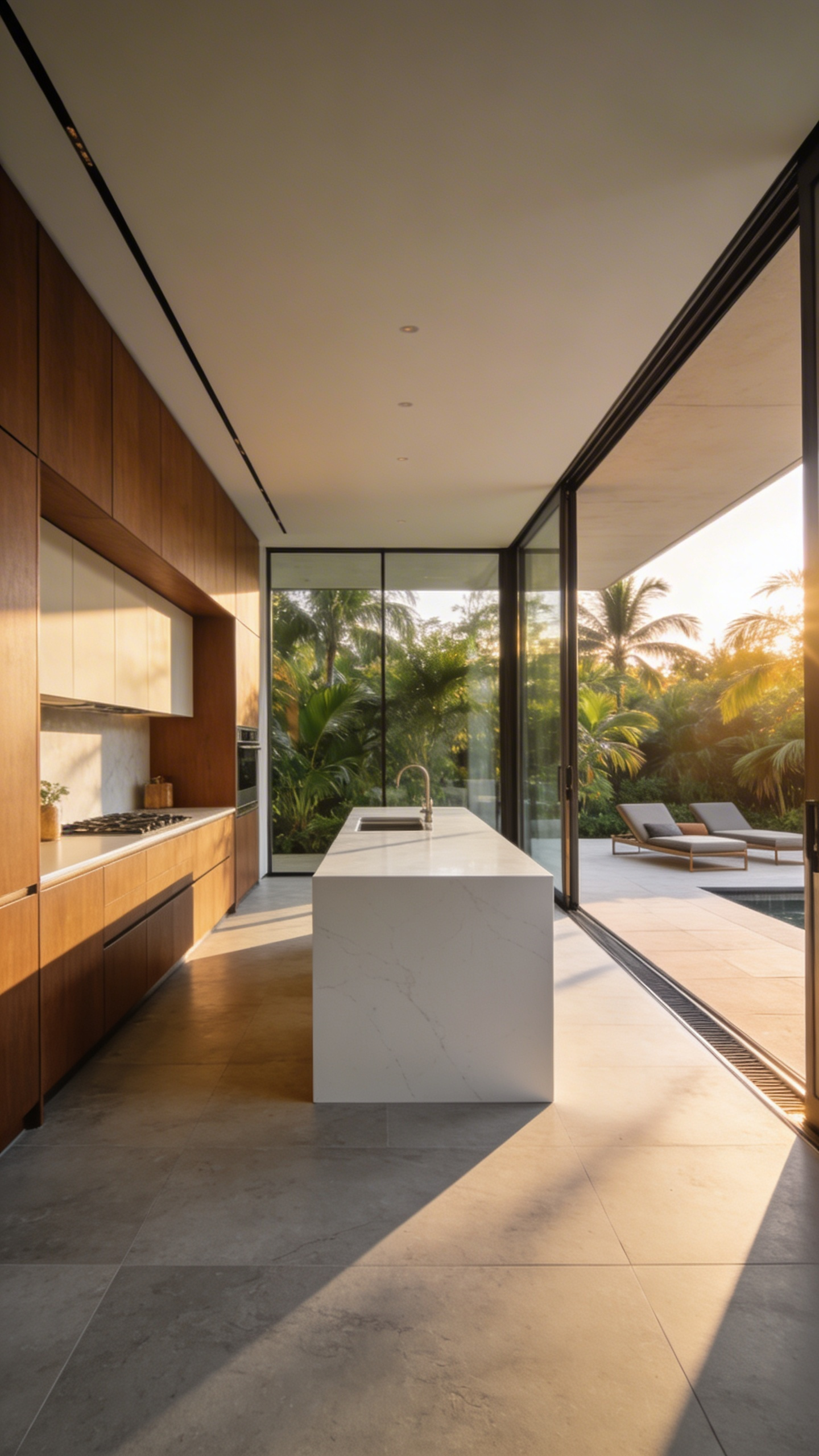 A luxurious modern kitchen with retractable glass walls and continuous stone flooring leading to an outdoor patio at sunset.