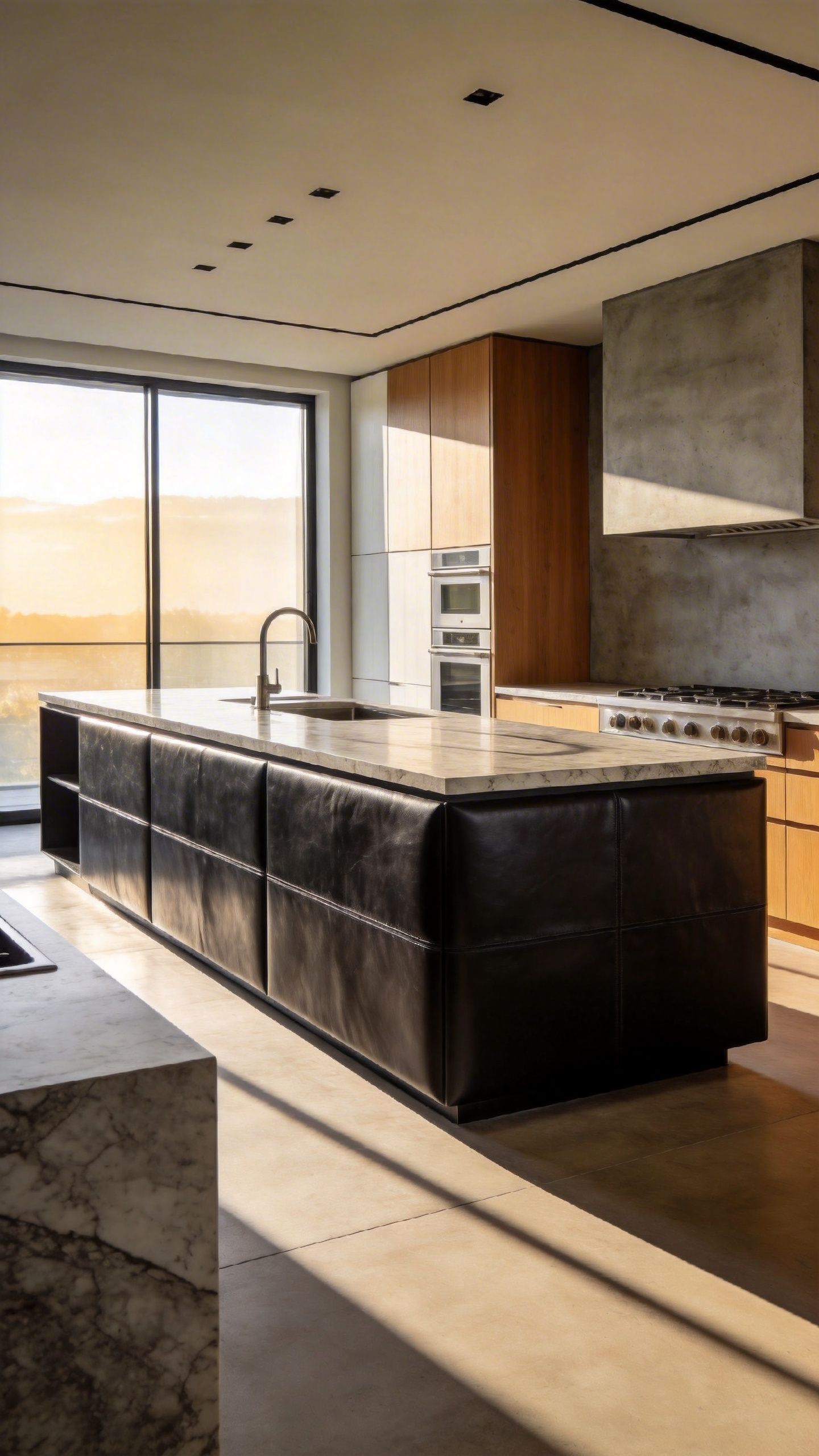 Modern kitchen interior featuring leathered stone countertops, white oak cabinetry, and concrete accents with soft natural lighting.