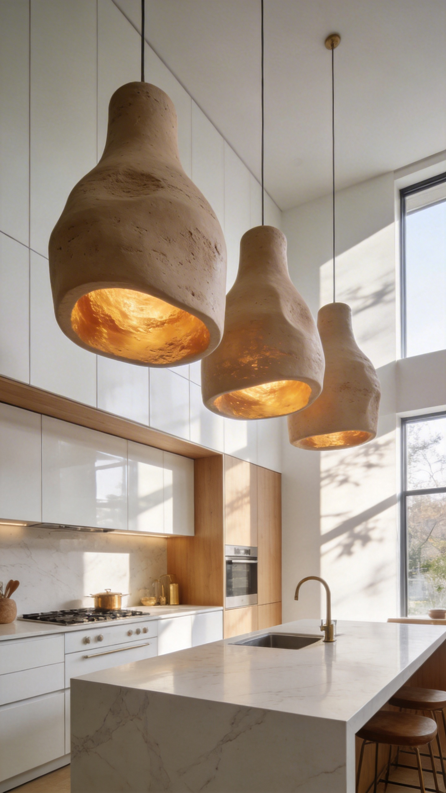 A modern kitchen with three large sculptural unglazed ceramic pendant lights hanging over a white marble island with minimalist cabinetry.