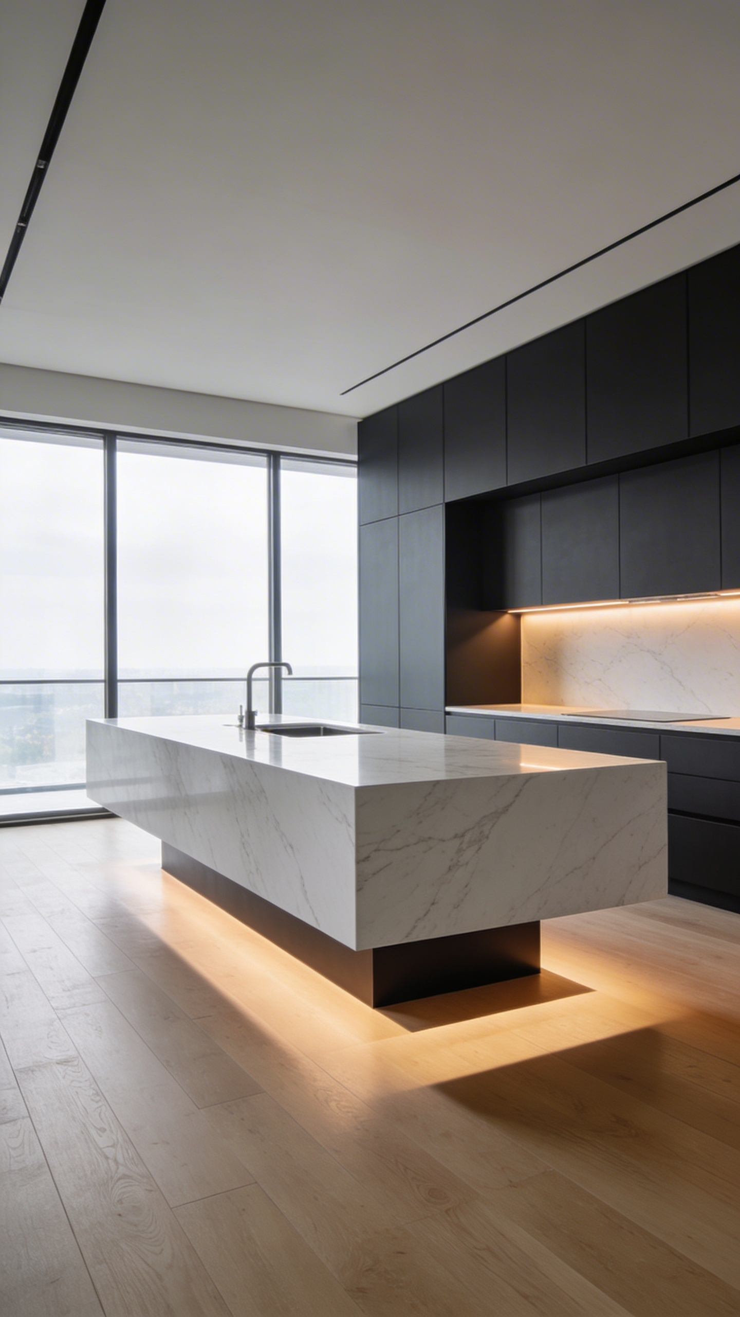 A minimalist modern kitchen featuring handleless cabinetry and a floating white marble island with a shadow gap design under soft natural light.