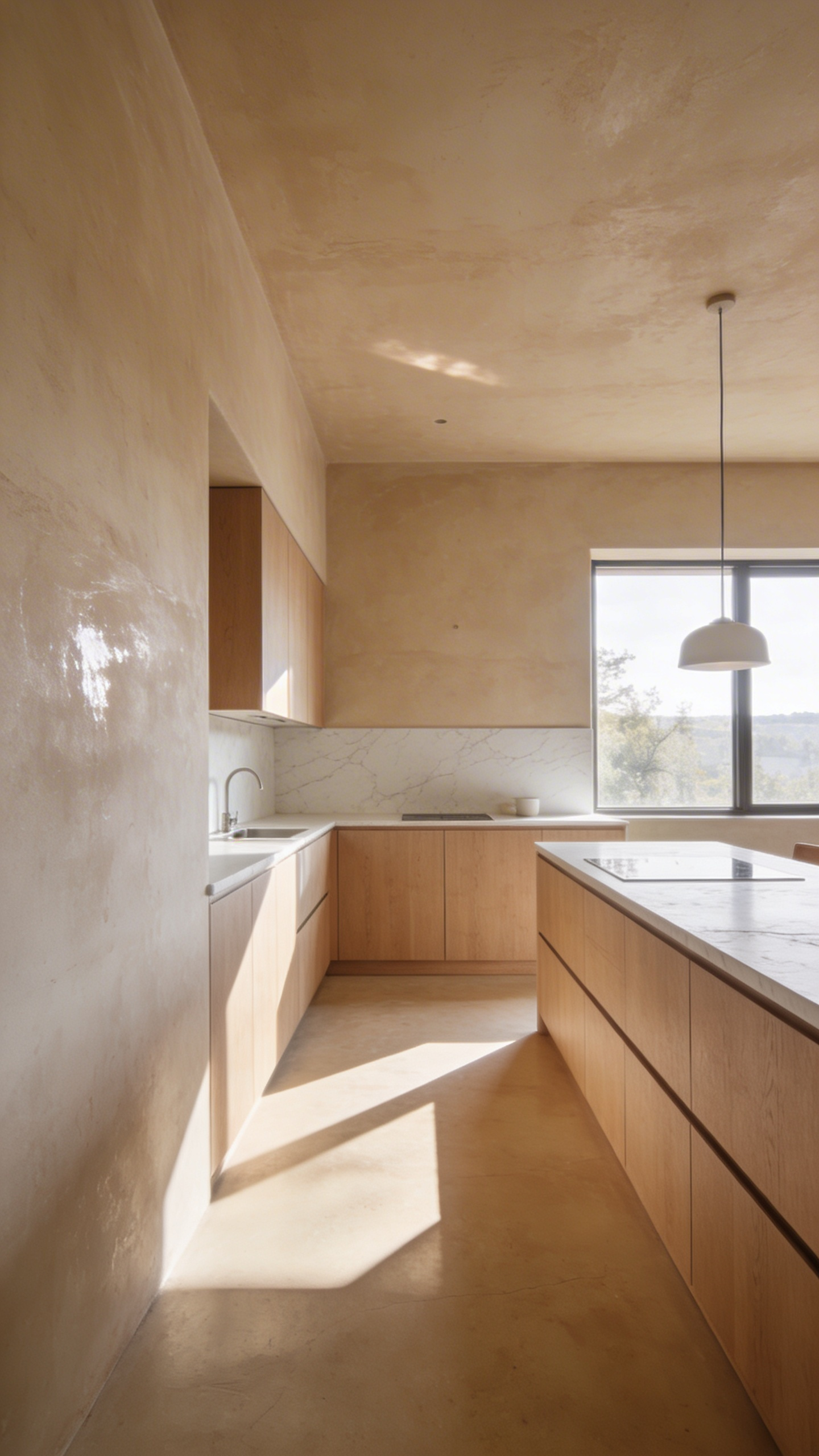 A modern kitchen featuring seamless beige Tadelakt mineral plaster walls and minimalist wooden cabinetry.