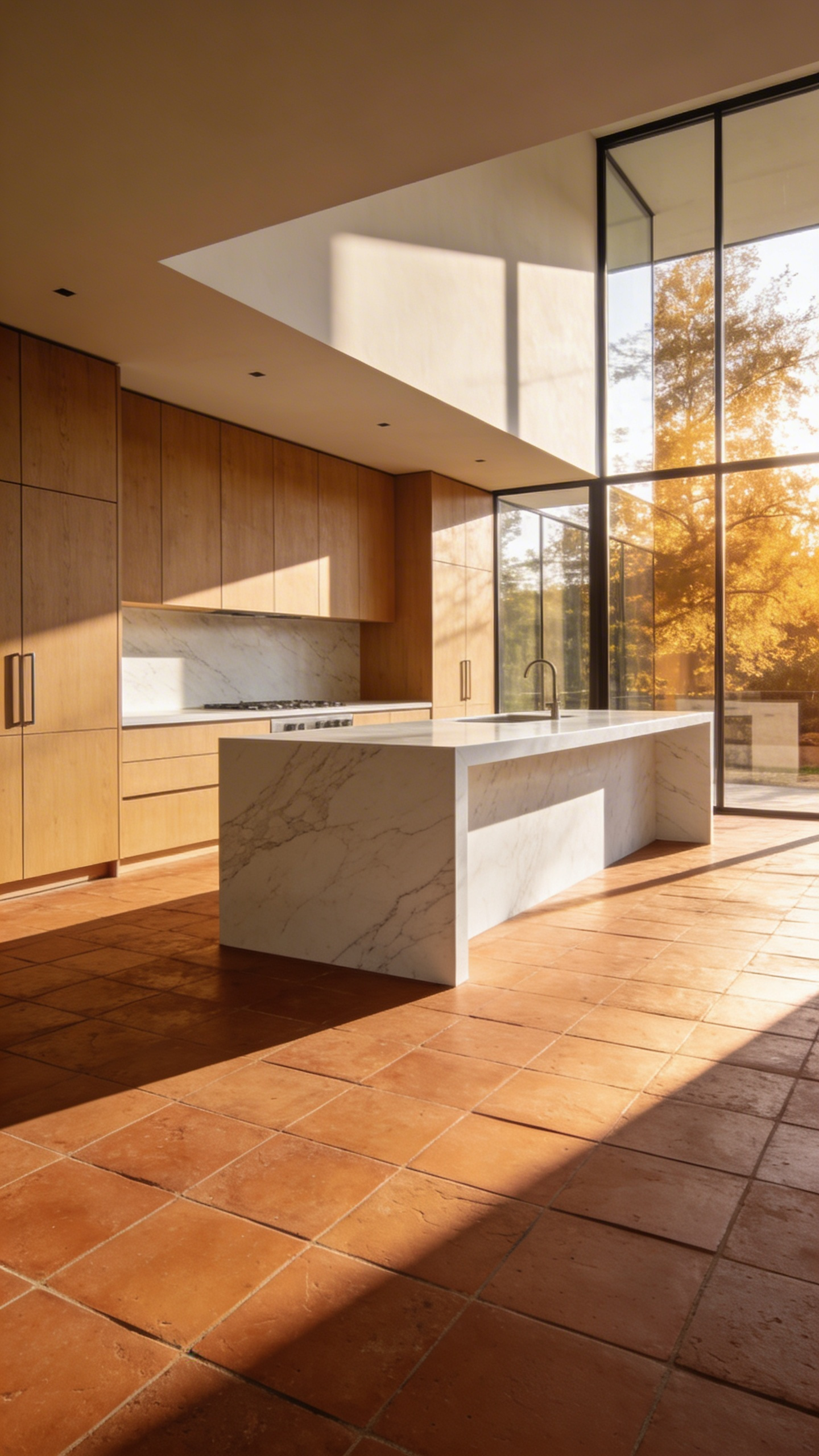 A bright modern kitchen featuring large-format terracotta floor tiles and sunlight streaming through floor-to-ceiling windows.