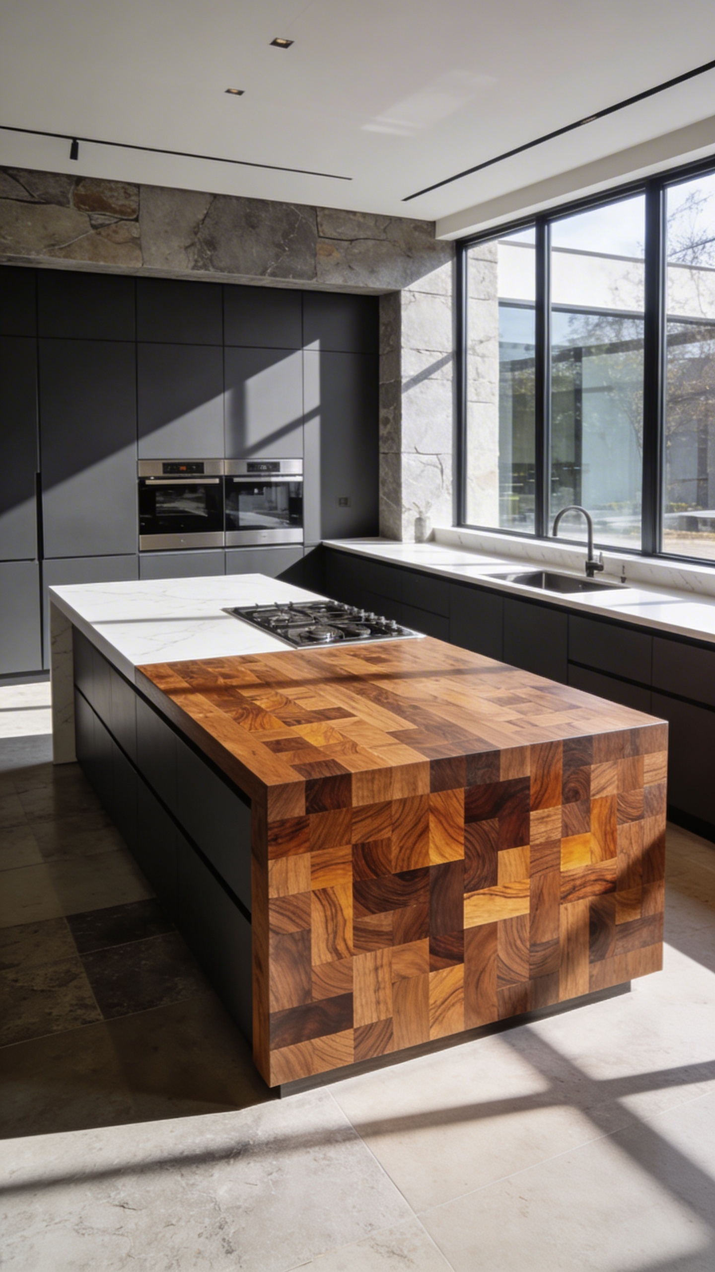 A massive end-grain wooden butcher block prep station serves as a central island in a minimalist modern kitchen with quartz surfaces.