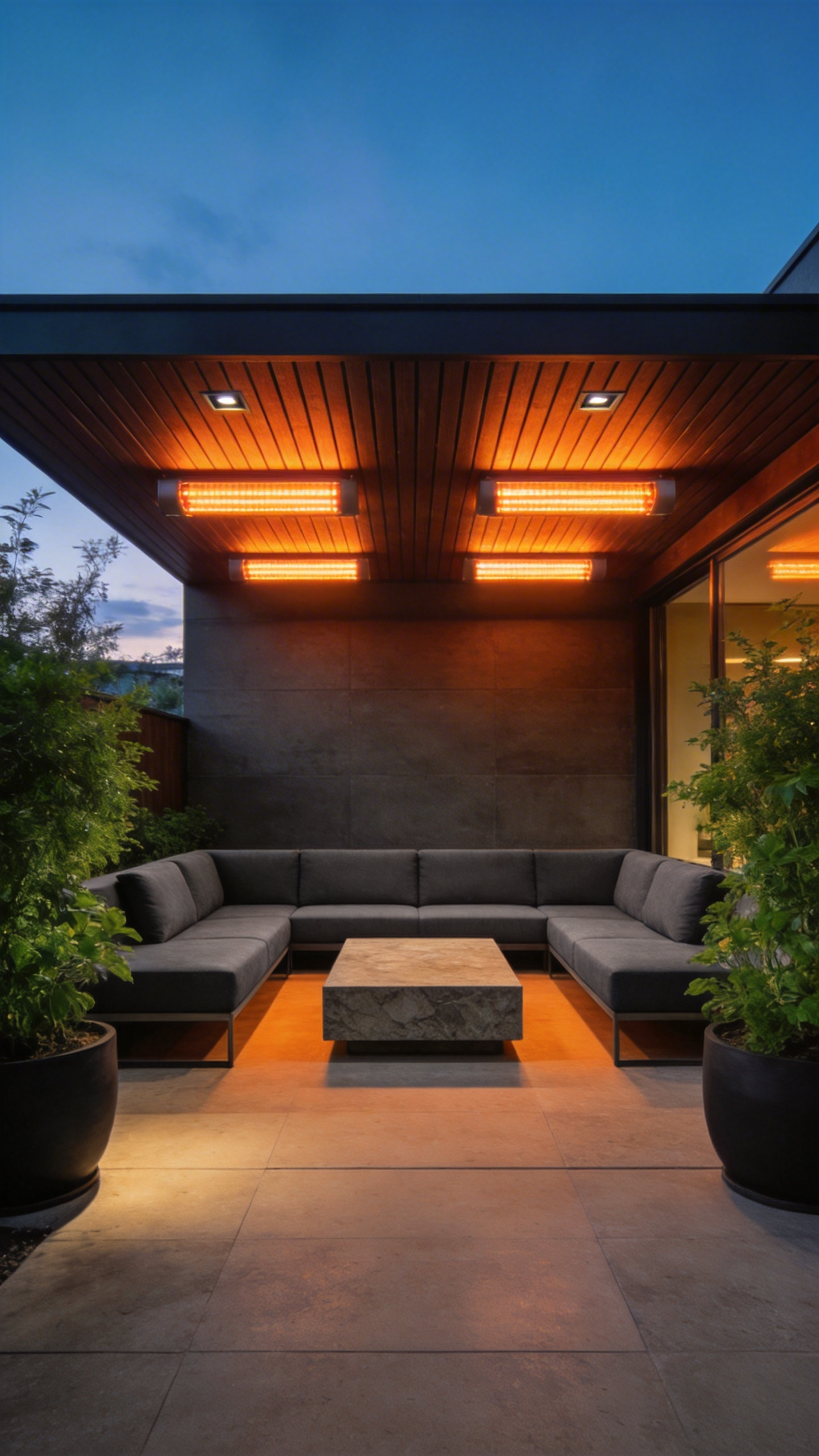 A luxury modern patio featuring flush-mounted infrared heaters recessed into a wooden ceiling above a contemporary outdoor lounge area.