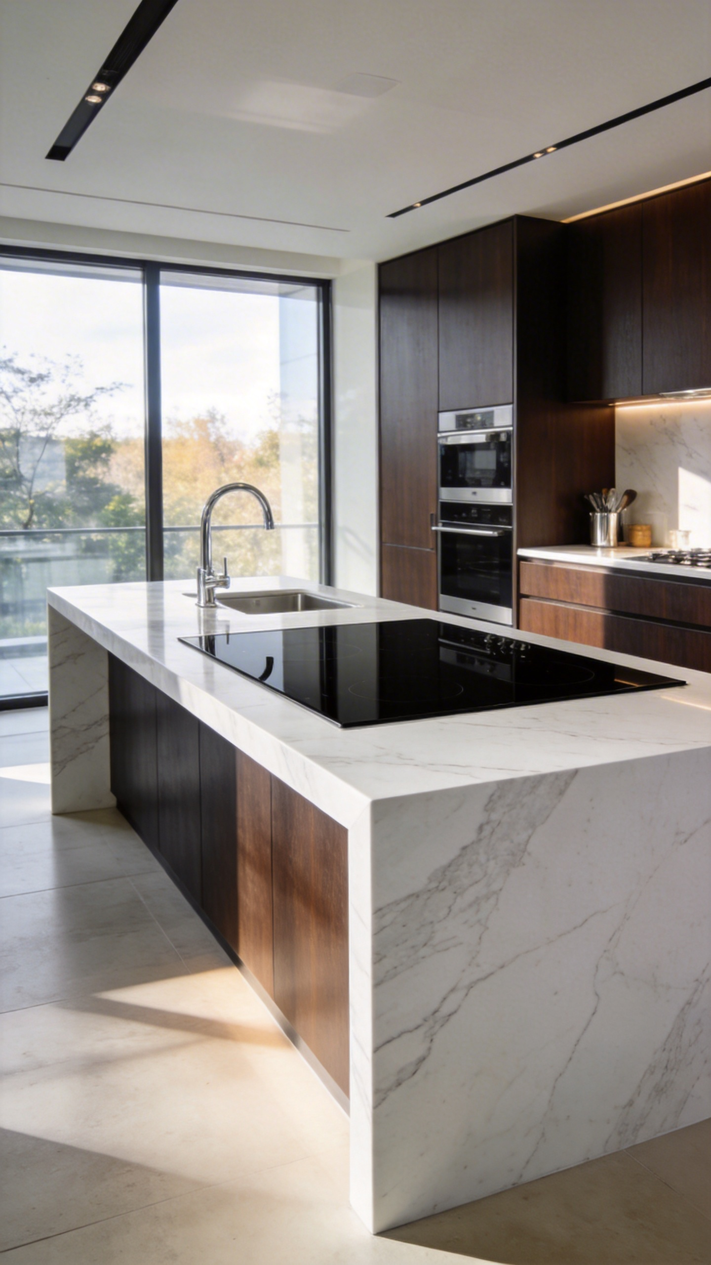 A modern luxury kitchen featuring a sleek black induction cooktop integrated into a white marble island with minimalist walnut cabinetry.
