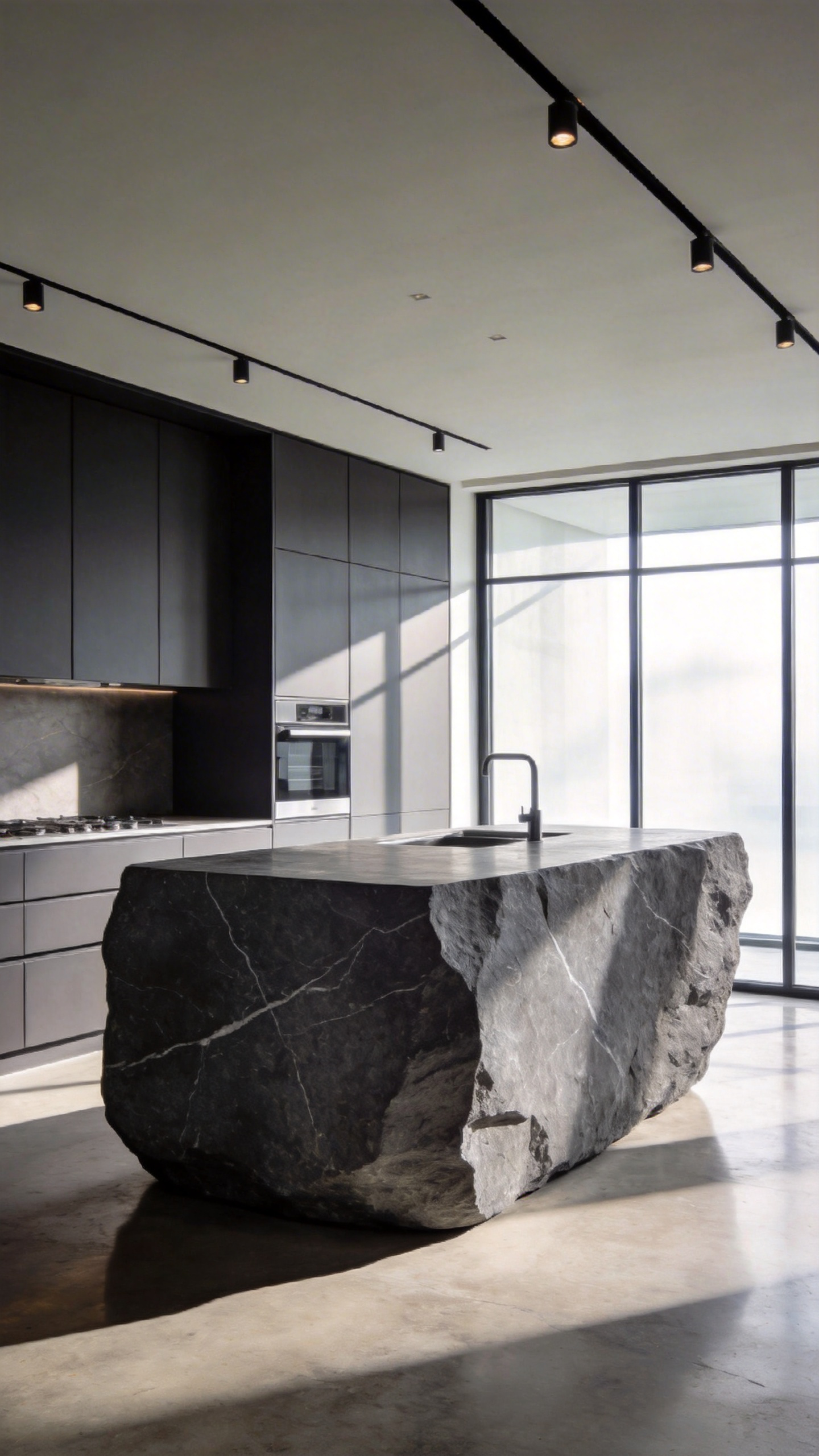 A large monolithic stone kitchen island made of dark marble in a modern minimalist kitchen setting.