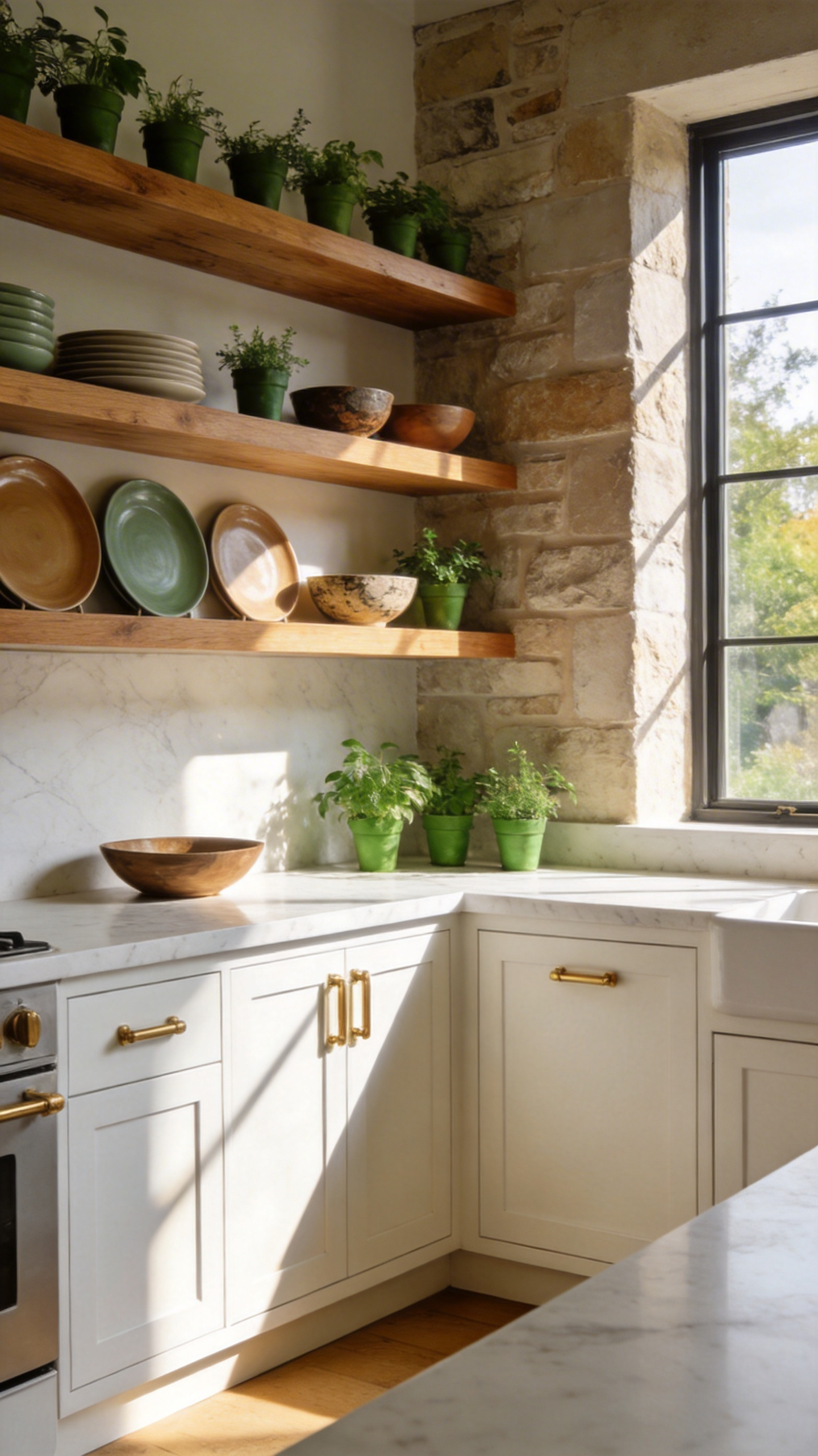 Modern minimalist kitchen featuring light wood open shelving with curated ceramics and natural sunlight.