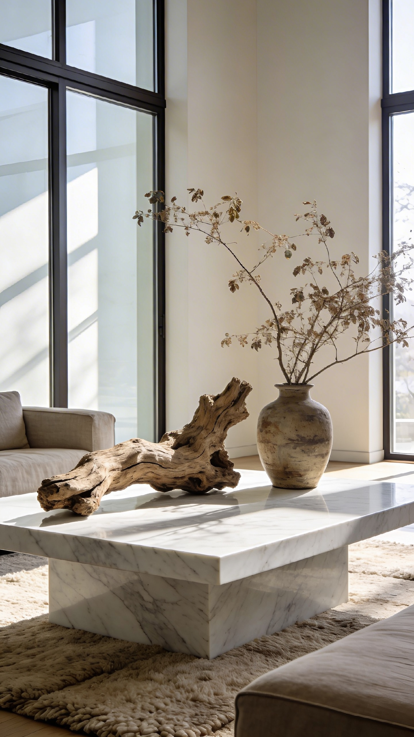 A modern living room with a white marble coffee table decorated with a piece of natural driftwood and dried botanicals to create an organic wabi-sabi aesthetic.
