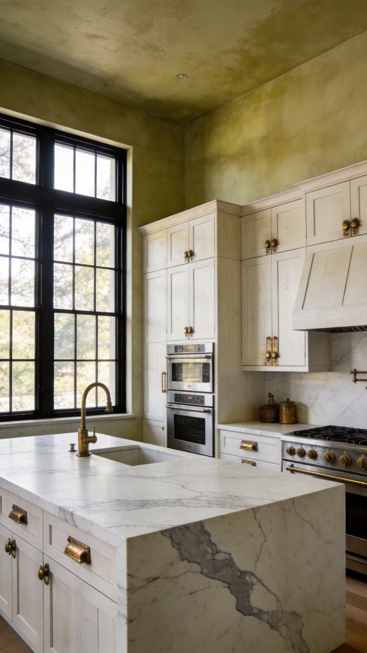 A modern kitchen featuring organic materials like white oak cabinets, unlacquered brass hardware, and a marble island with soft natural lighting.