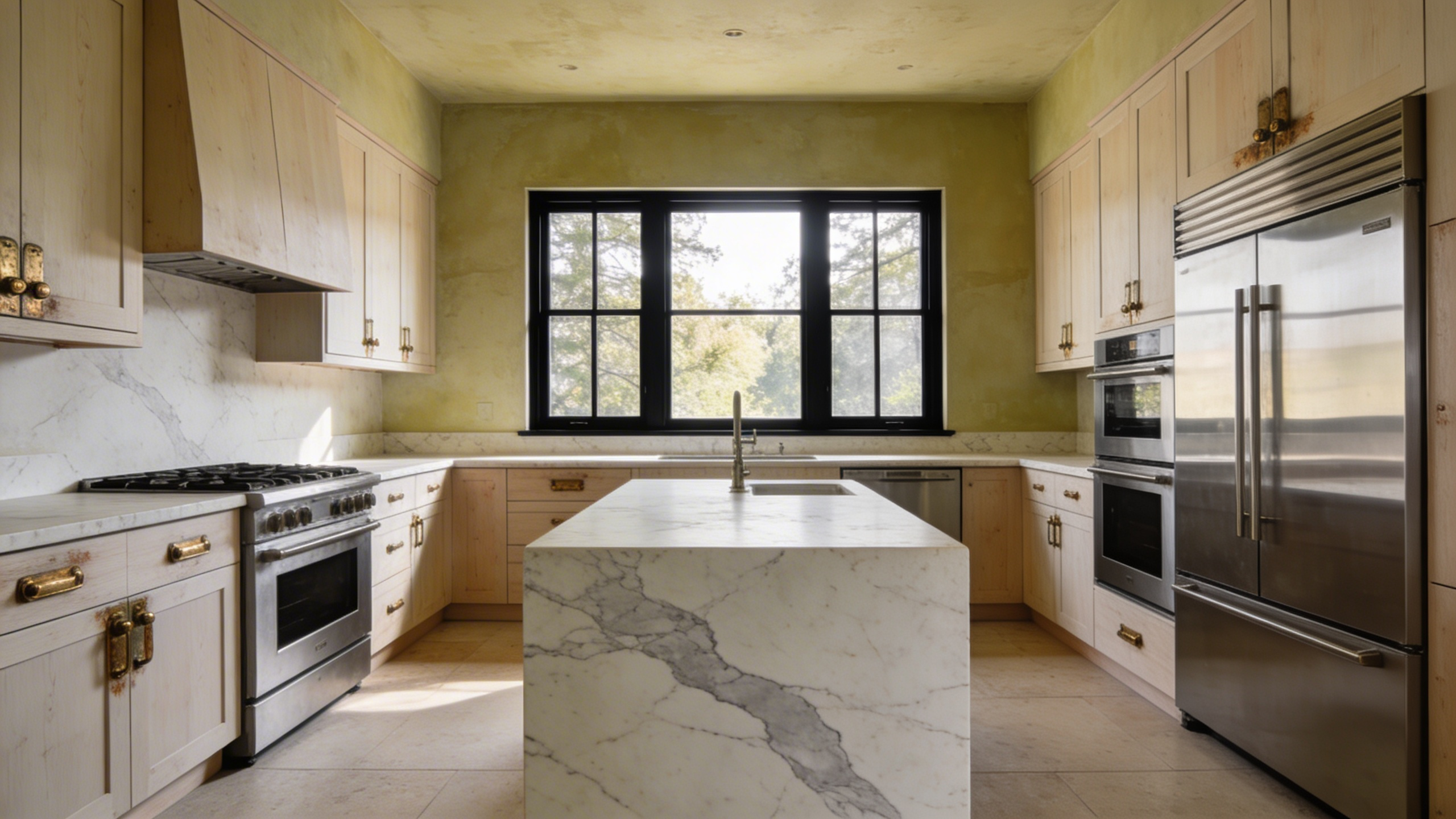 A modern kitchen featuring organic materials like white oak cabinets, unlacquered brass hardware, and a marble island with soft natural lighting.