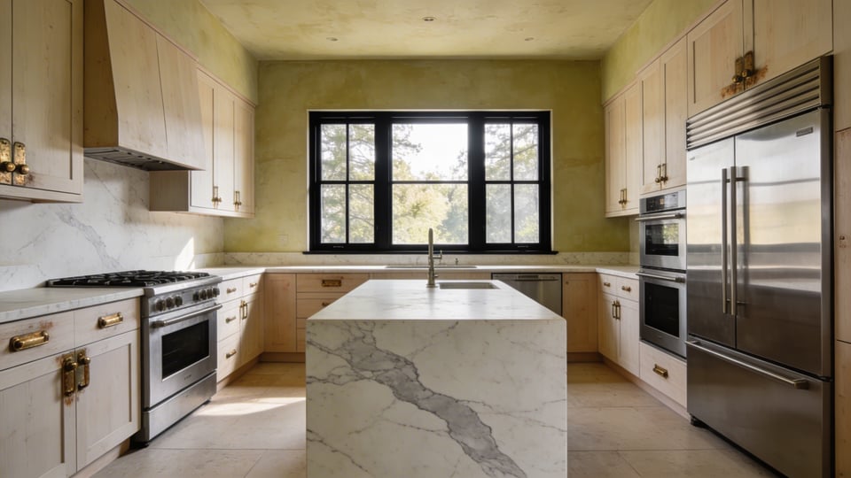 A modern kitchen featuring organic materials like white oak cabinets, unlacquered brass hardware, and a marble island with soft natural lighting.
