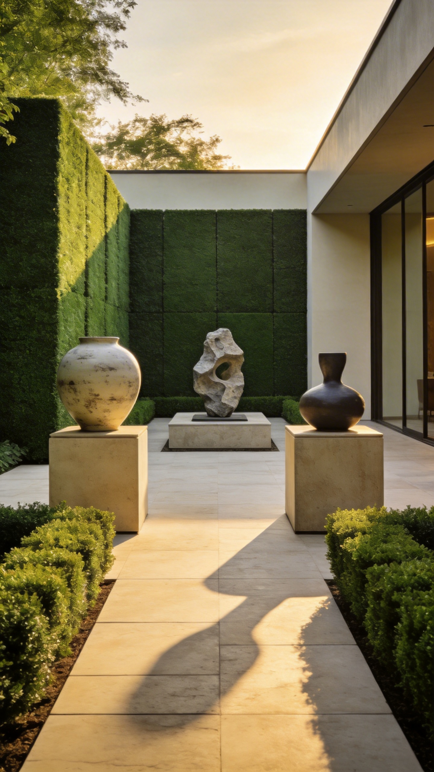 A modern patio designed as an outdoor art gallery featuring weather-treated ceramic sculptures and stone installations among minimalist greenery.