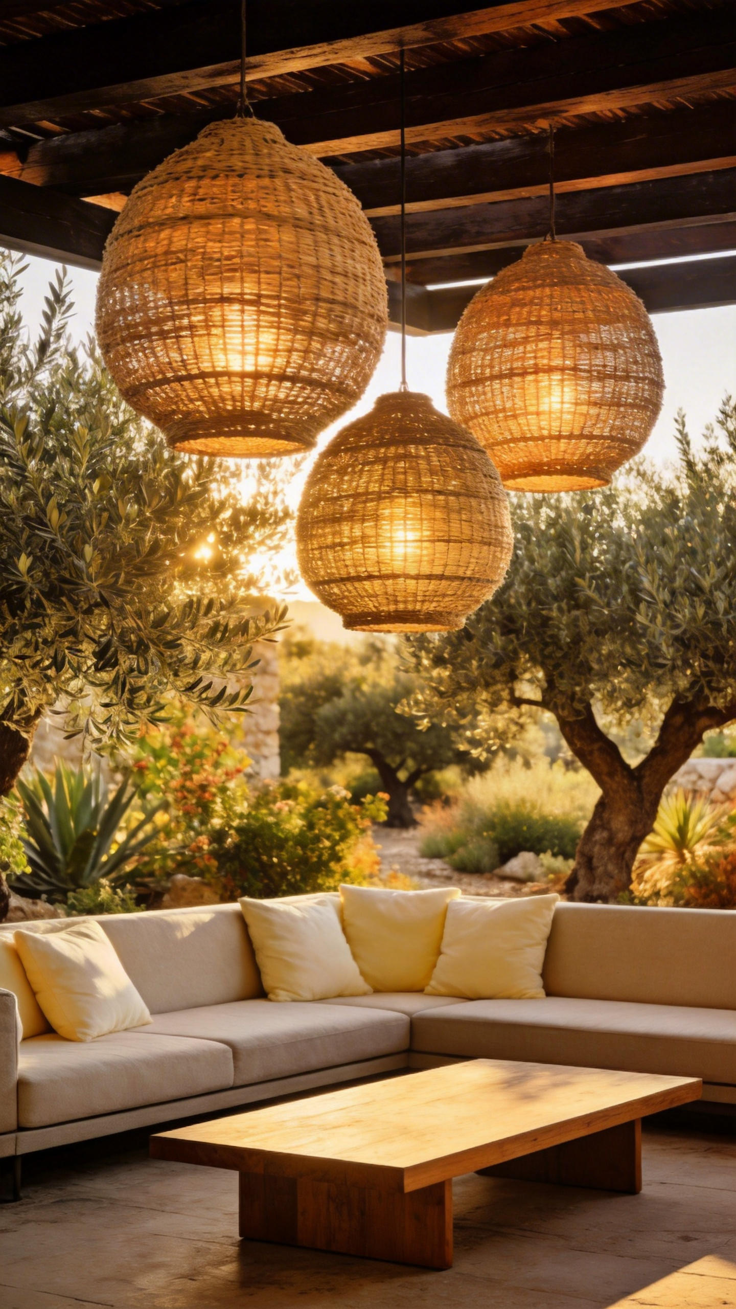 A luxury outdoor patio featuring large woven rattan pendant lights hanging over a modern sectional sofa to create an intimate seating area.