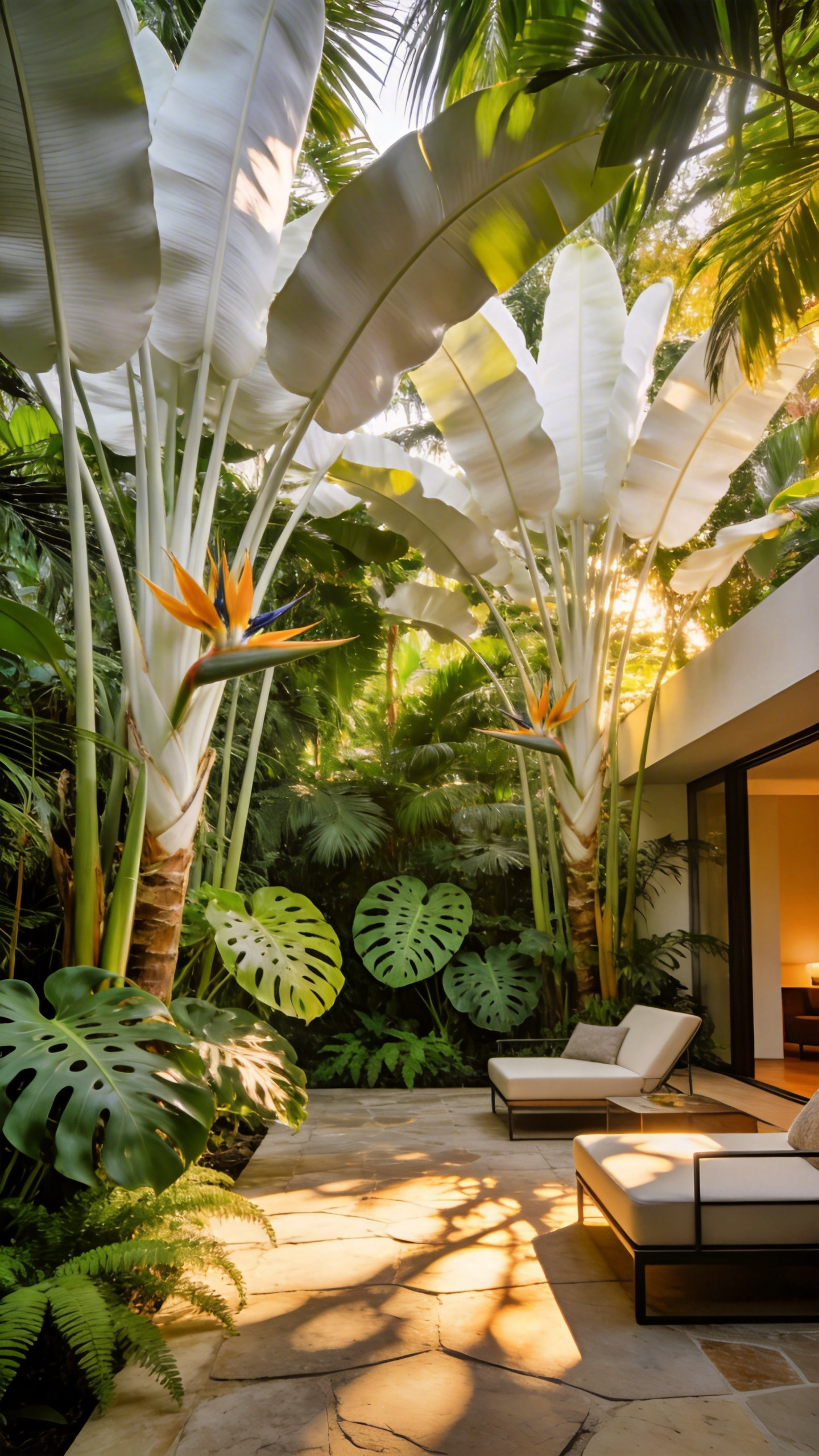 A modern patio surrounded by a lush jungle perimeter of Giant White Bird of Paradise and Monstera plants creating a private tropical sanctuary.