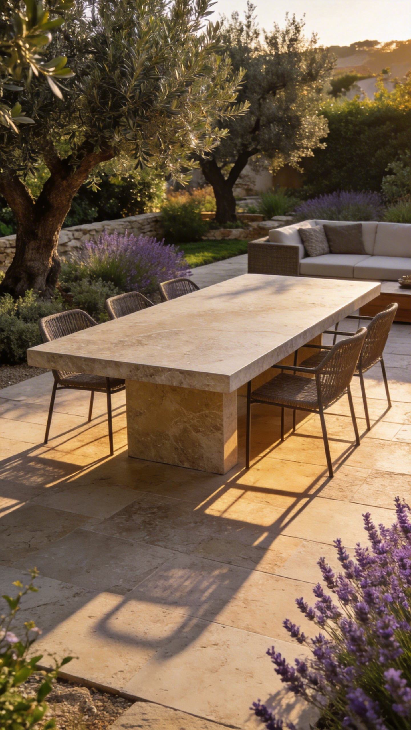 A luxury outdoor patio with a large honed limestone dining table and modern woven chairs surrounded by lush garden greenery.