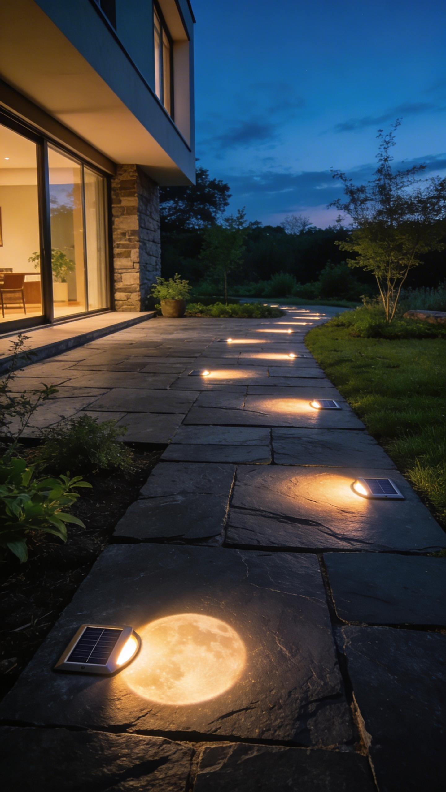 A modern stone patio walkway at night featuring flush-mount solar LEDs embedded in the ground providing a soft navigational glow.