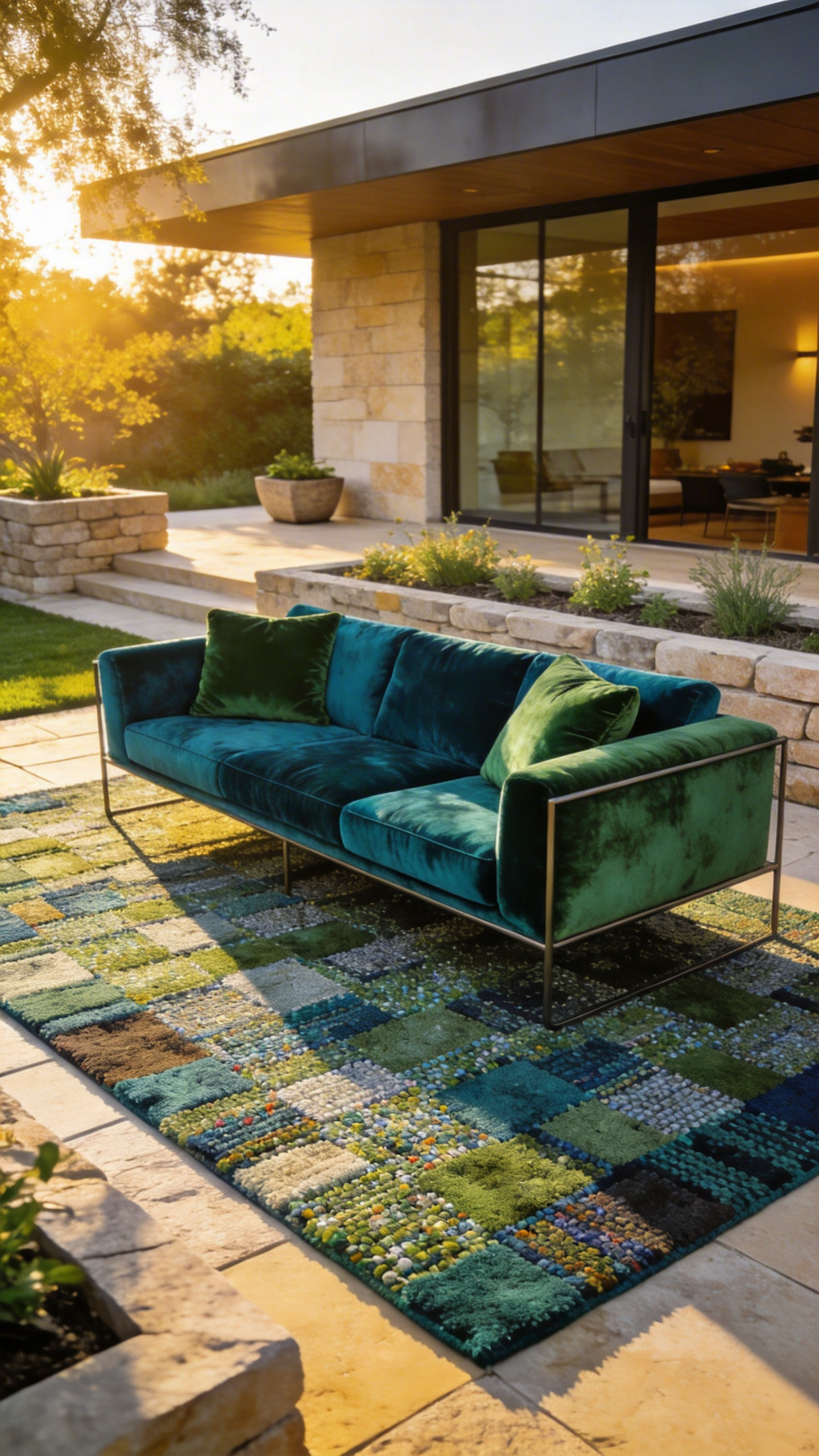 A luxurious stone patio decorated with a textured recycled PET rug and outdoor furniture featuring soft performance velvet pillows in jewel tones.