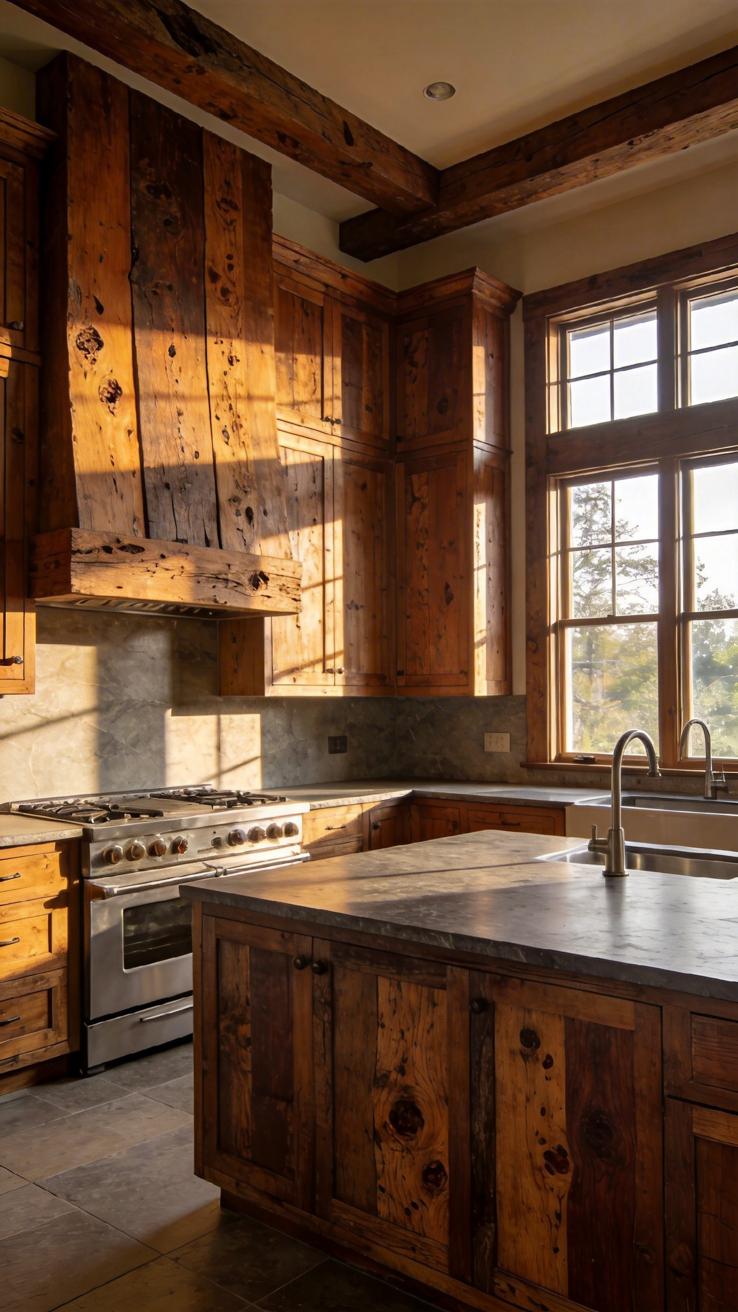 A luxury kitchen design featuring cabinetry made from reclaimed old-growth timber with visible textures and a large island.