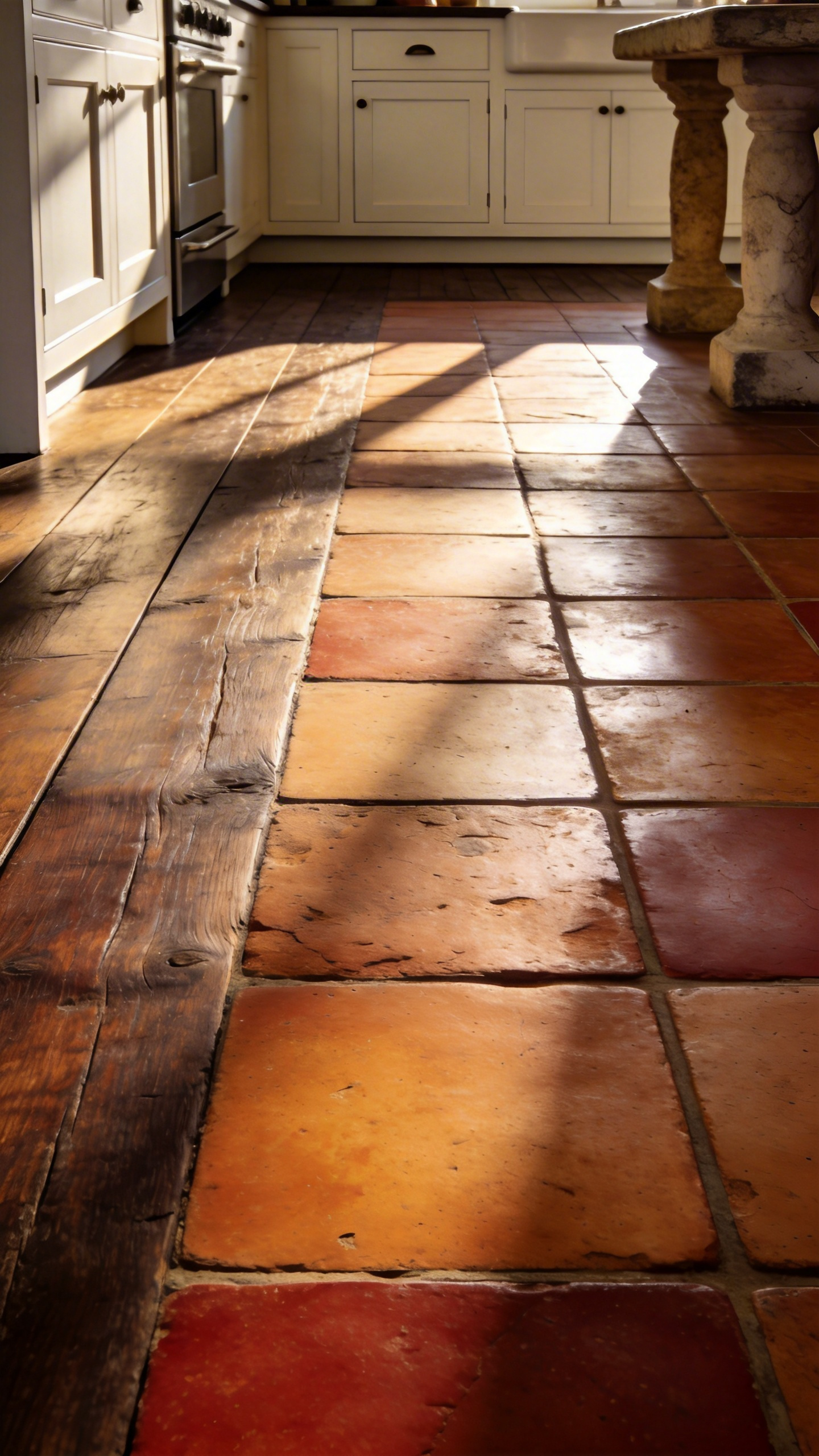 Traditional kitchen floor combining irregular hand-fired terracotta tiles with wide planks of reclaimed antique oak timber, illuminated by warm sunlight emphasizing the contrast in textures.