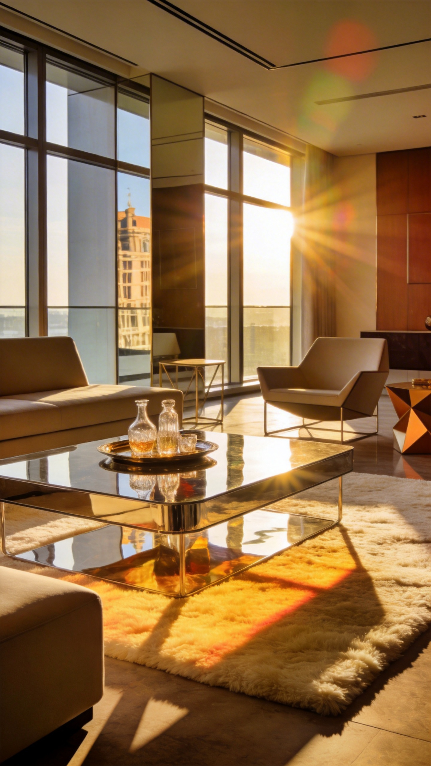 A modern living room scene showcasing a polished metallic coffee table reflecting bright afternoon sunlight and casting shimmering caustic patterns on the floor.