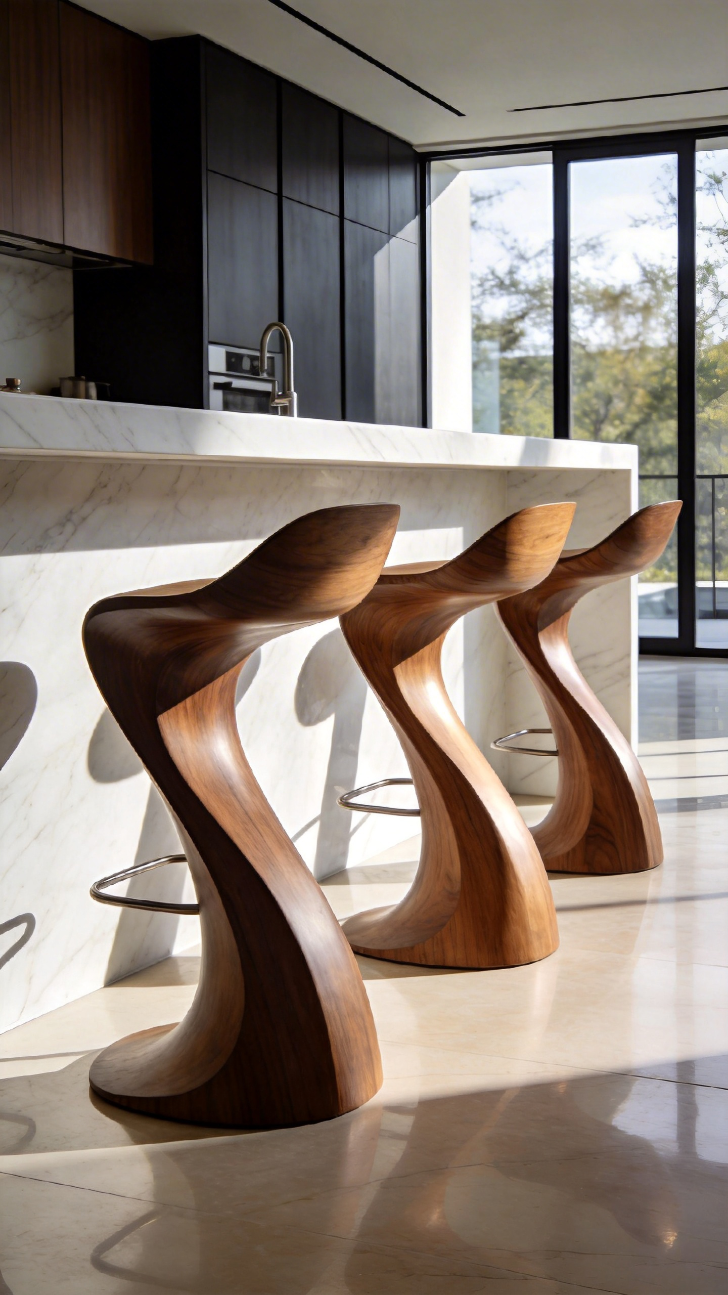 A set of three organic, curved sculptural bar stools positioned at a white quartz island in a bright modern minimalist kitchen.