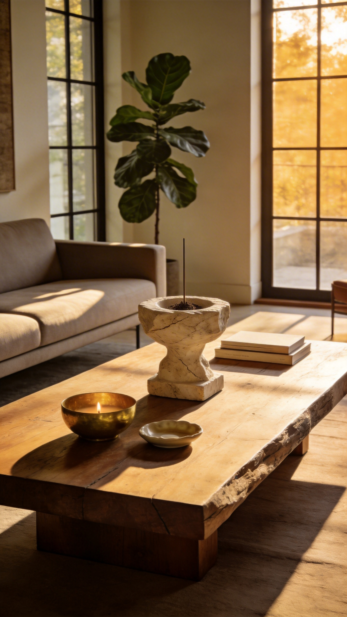 A modern living room coffee table styled with a sculptural travertine incense holder and brass candle vessel under warm evening light.
