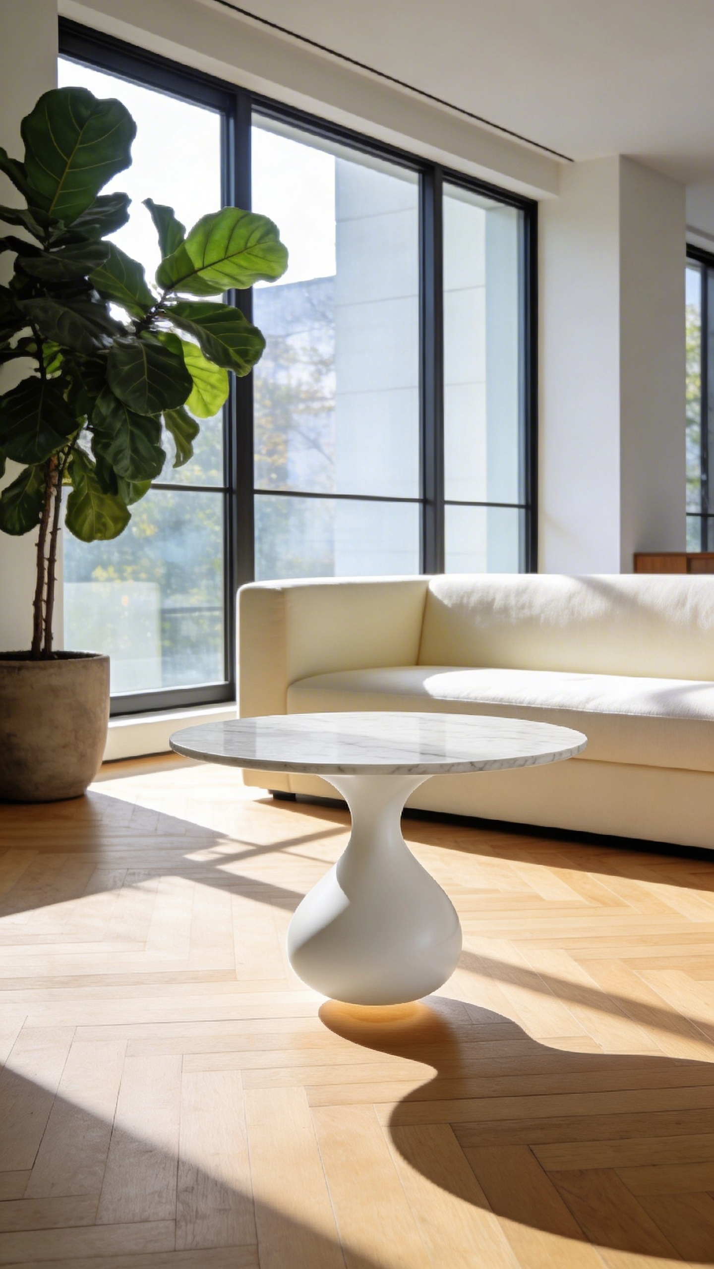 A modern minimalist living room featuring a sculptural white pedestal coffee table on a light wood floor with large windows.