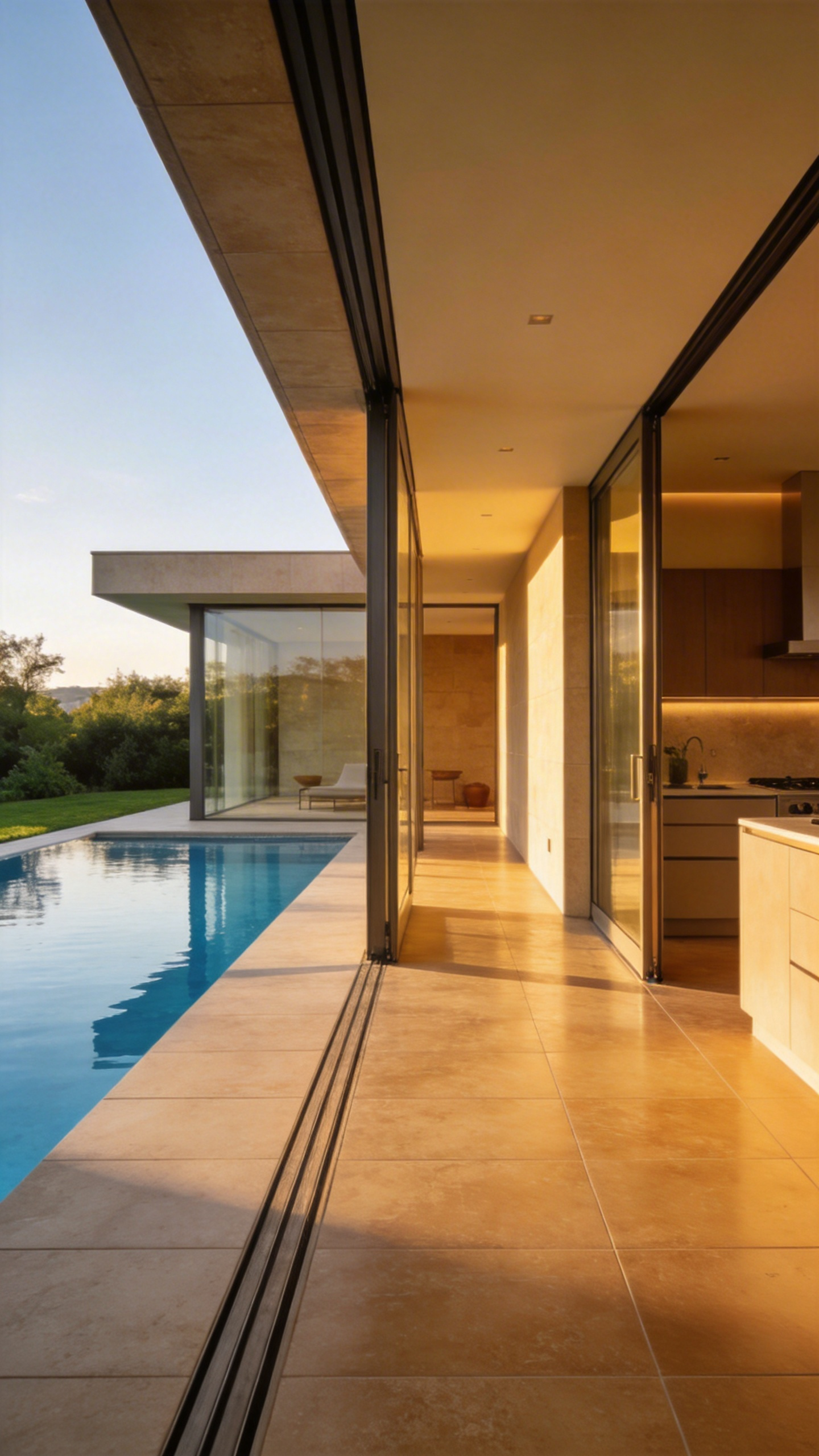 A modern home interior and patio featuring a continuous floor design with matching porcelain tiles and open glass walls.