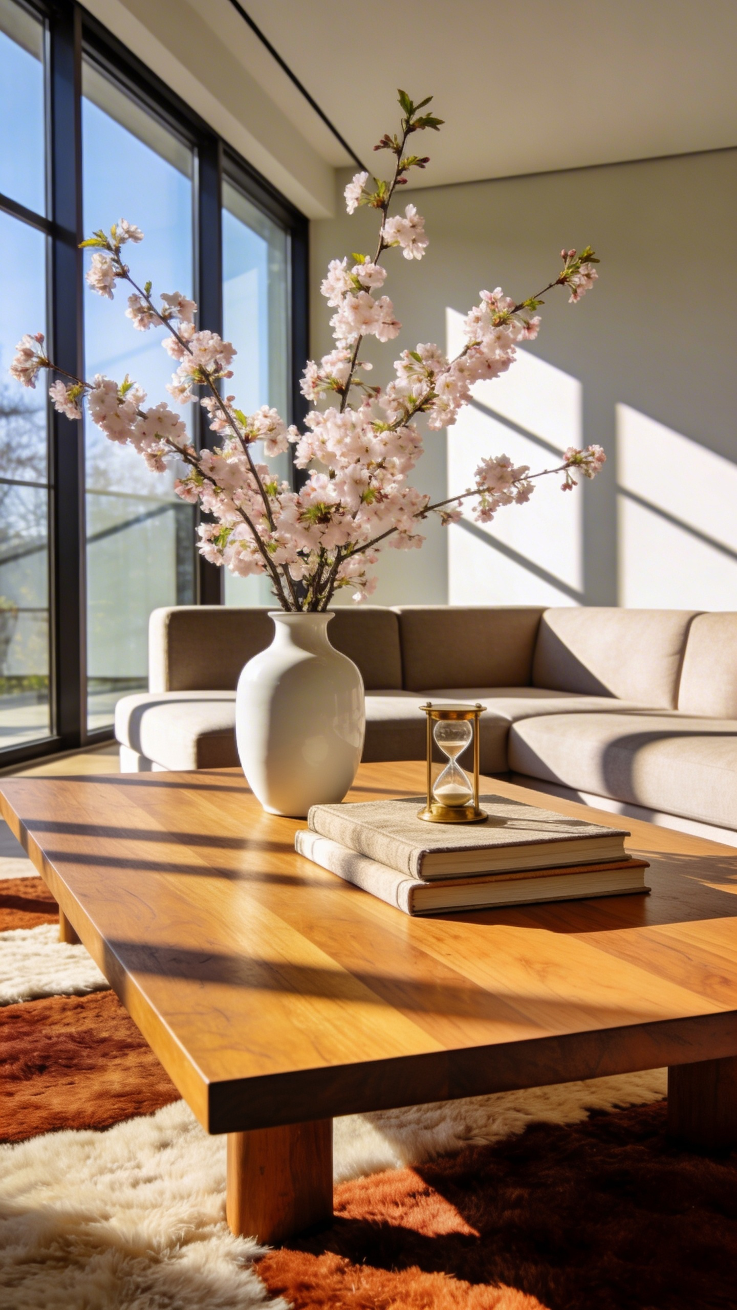 A professionally styled wooden coffee table in a bright living room featuring spring cherry blossom branches and a stack of books.