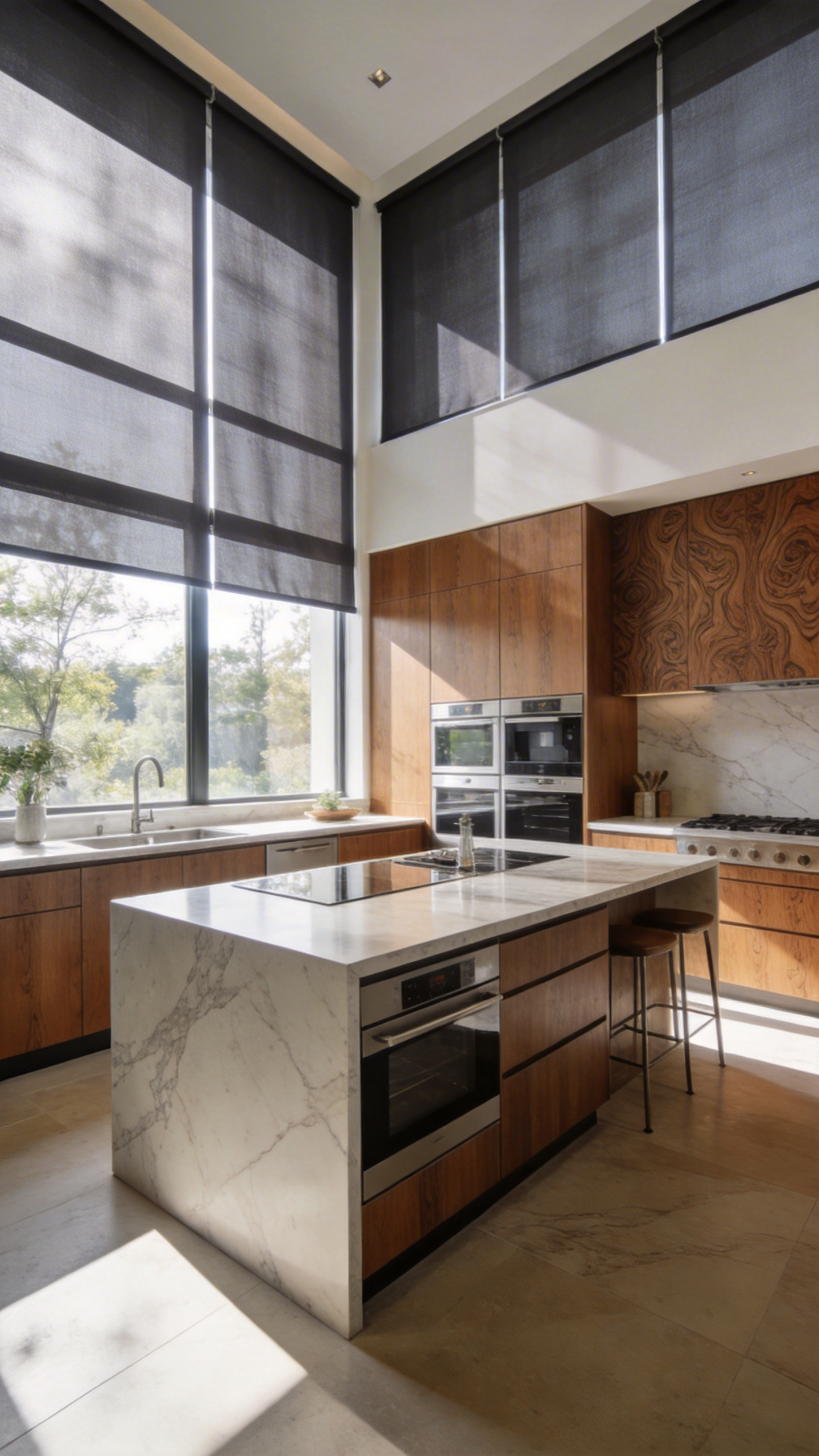 High-end kitchen featuring protective solar-conscious window treatments that filter natural light over custom wood furniture and marble counters.