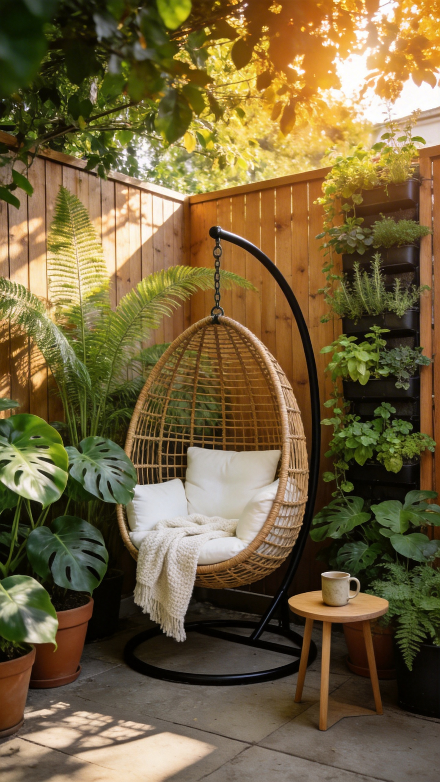 A modern patio corner featuring a hanging egg chair surrounded by lush green plants and soft lighting to create a solitary retreat.