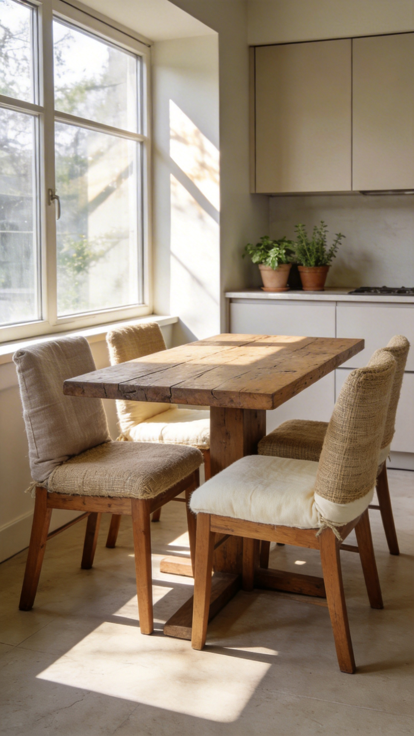 A bright kitchen dining area featuring wooden chairs with textured sustainable linen and hemp seat cushions under natural sunlight.