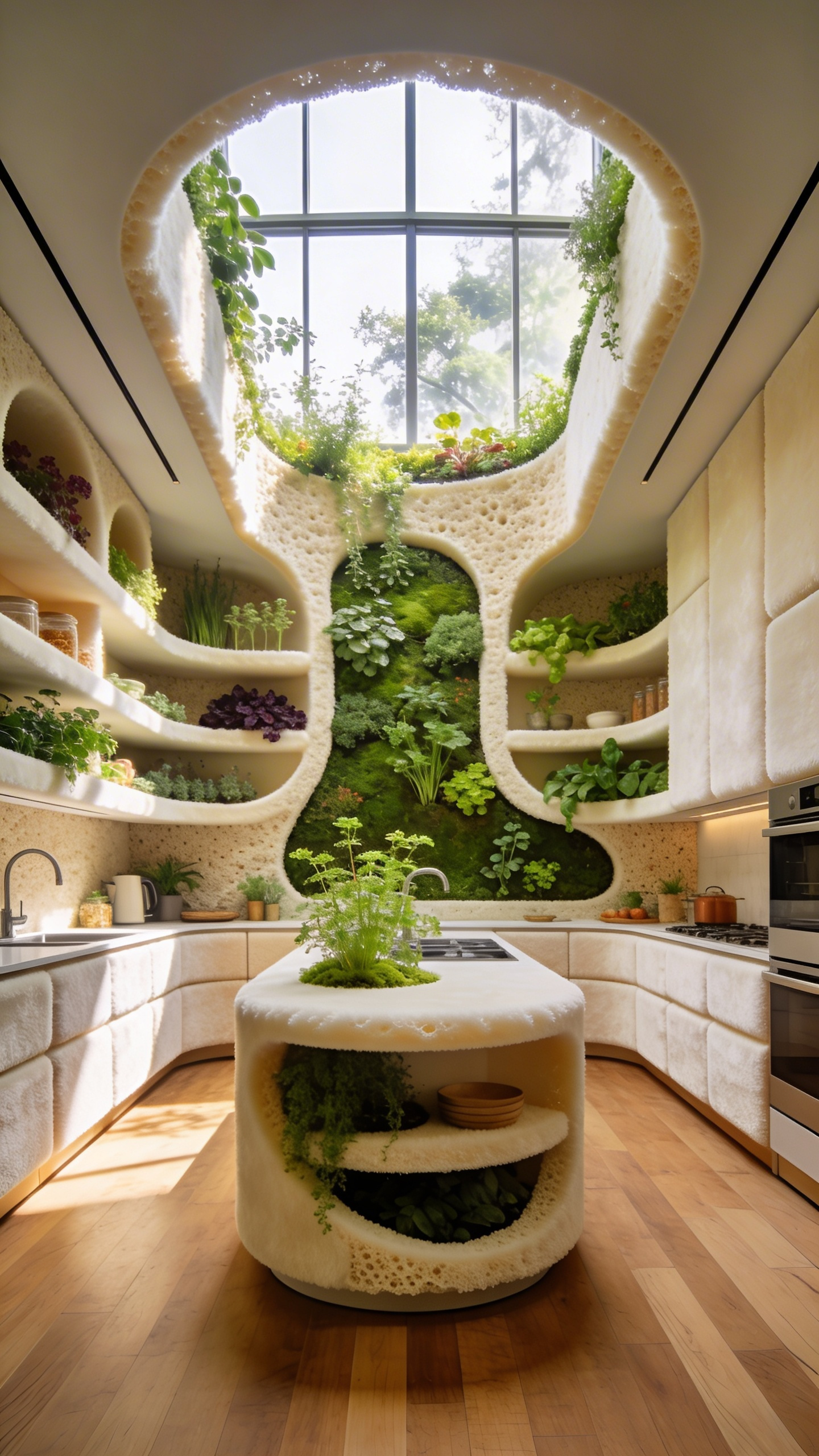 A sustainable modern kitchen showcasing mycelium-based cabinetry and integrated plant life in a living ecosystem theme.