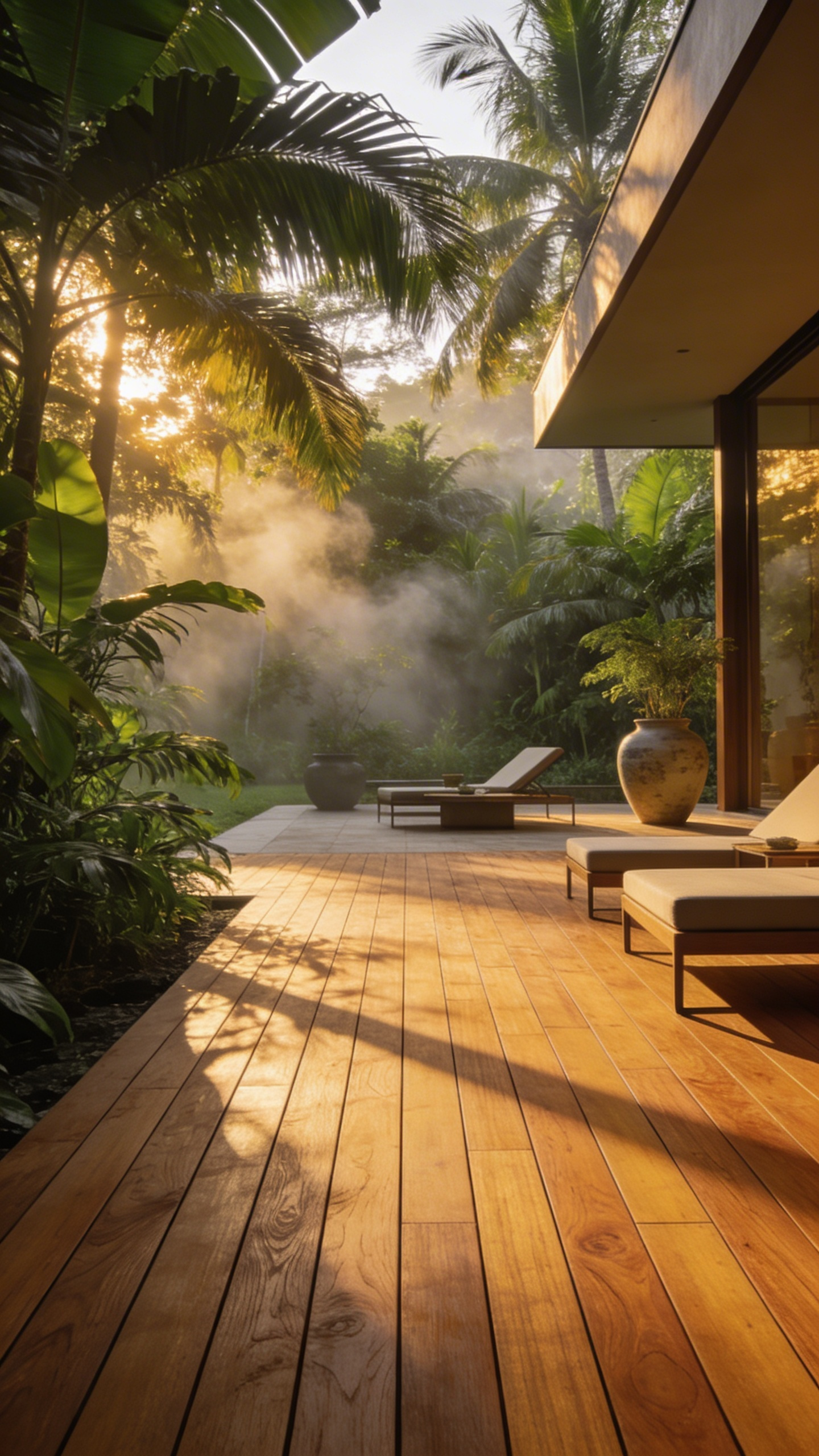 A sustainable outdoor patio featuring rich FSC-certified teak decking surrounded by lush green plants in a humid garden setting.